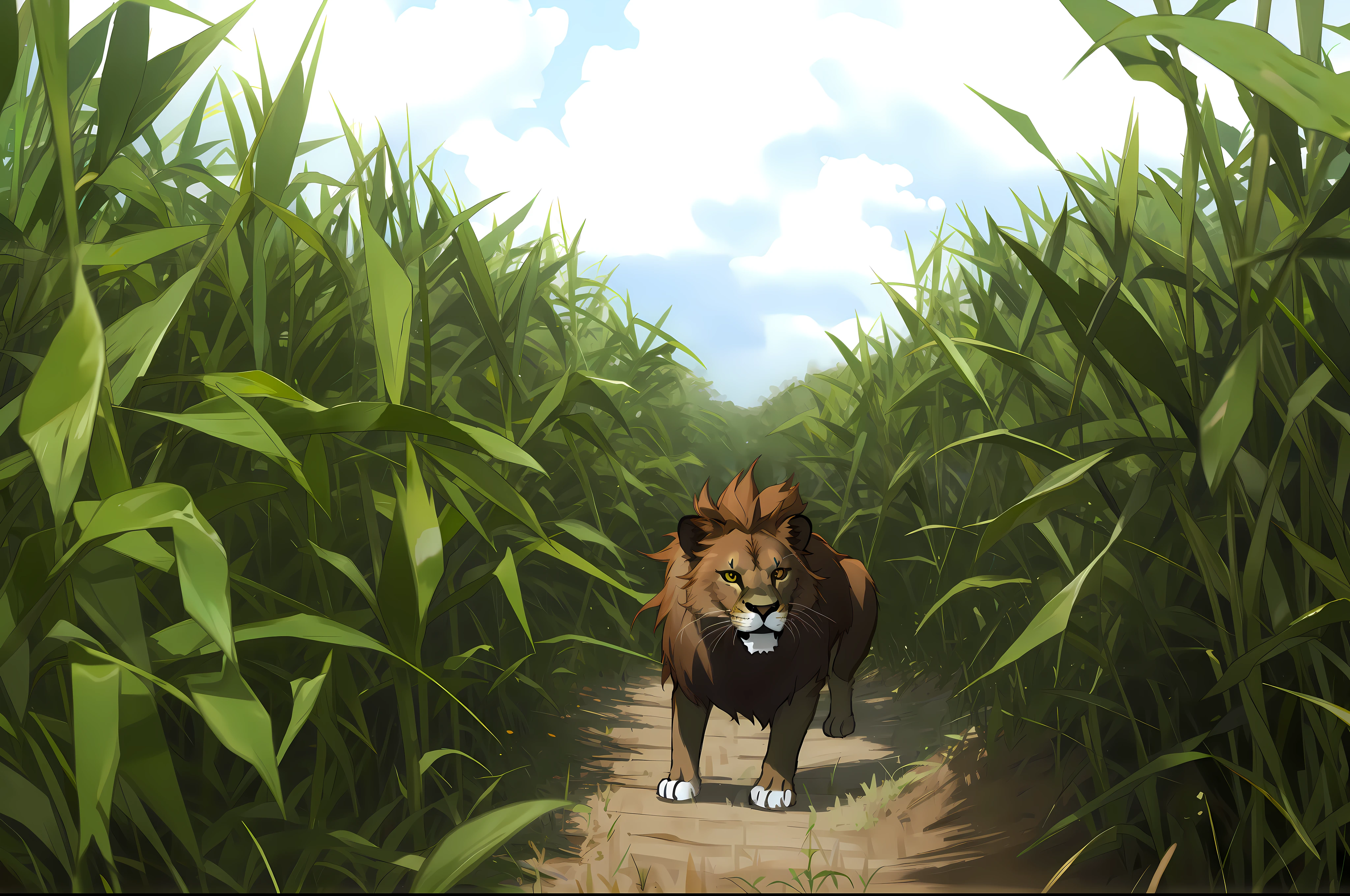 there's a lion in the cornfield,masterpiece,the best quality,HD,