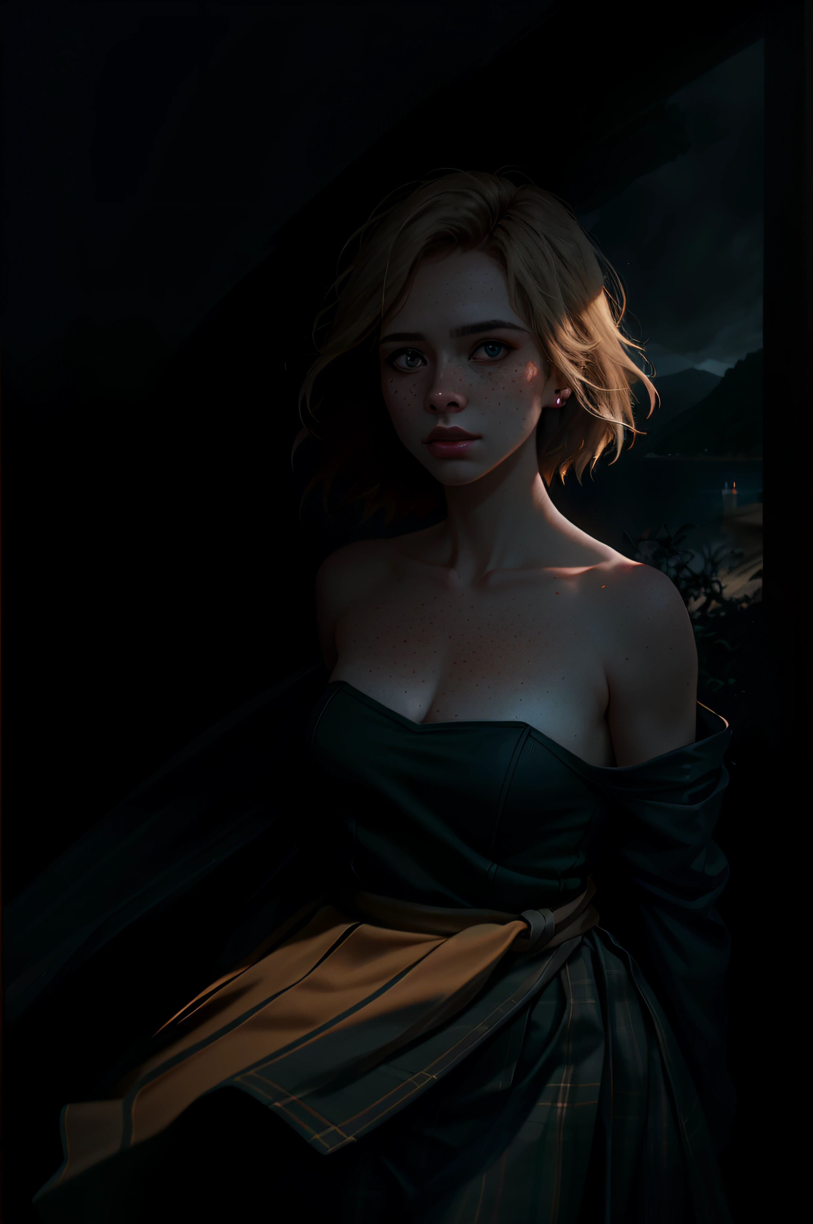 deep shadow, sinister, award winning photo, best quality, masterpiece, upper body, woman, freckled face, windblown blonde hair, emerald eyes, modern strapless dress by Jeremy Lipking, by Antonio J. Manzanedo, by lee jeffries nikon d850 film stock photograph 4 kodak portra 400 camera f1.6 lens rich colors hyper realistic lifelike texture dramatic lighting unreal engine trending on artstation cinestill 800, fisheye lens, Style-Kilt, windy beach, scottish loch, forest