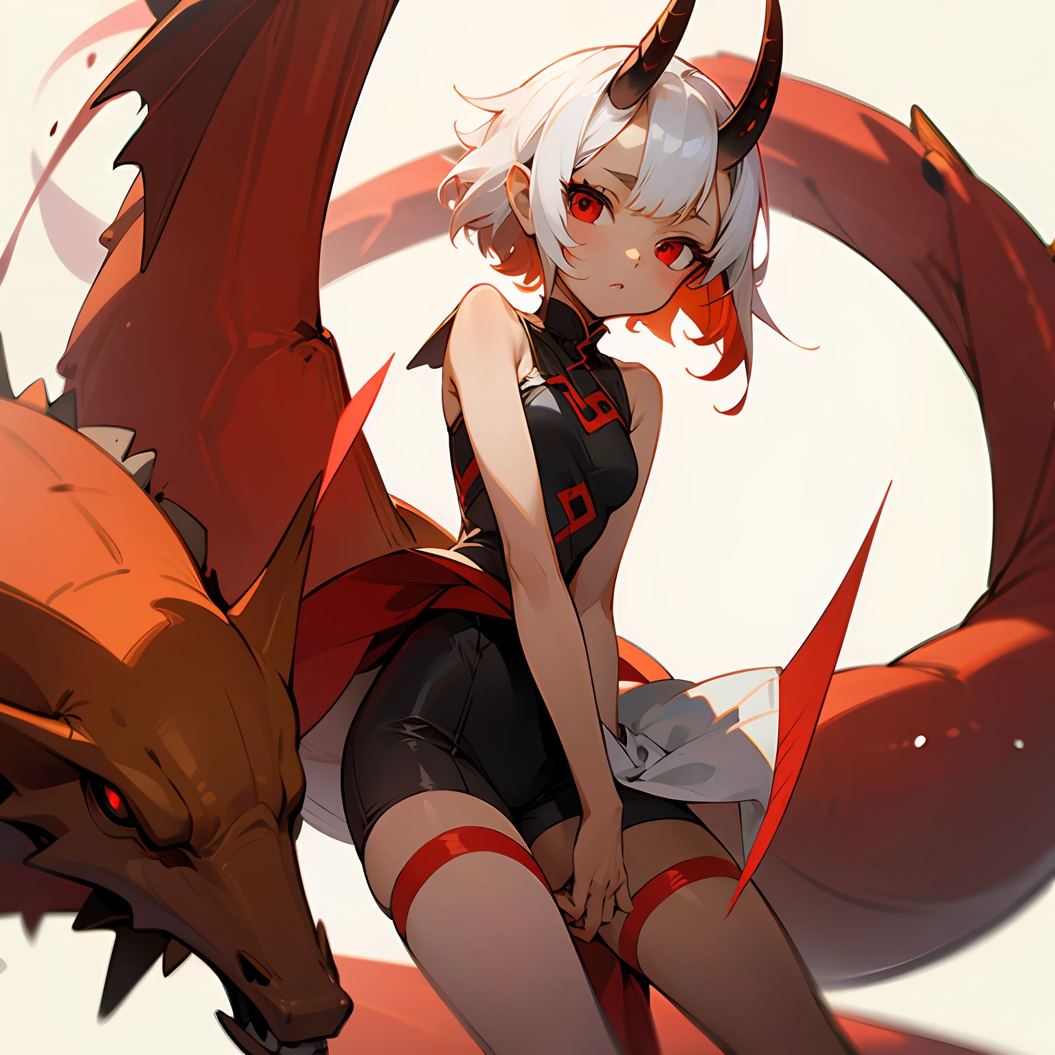 anime style, white, short hair, a young dragon girl, red eyes, brown skin, small horns. --auto