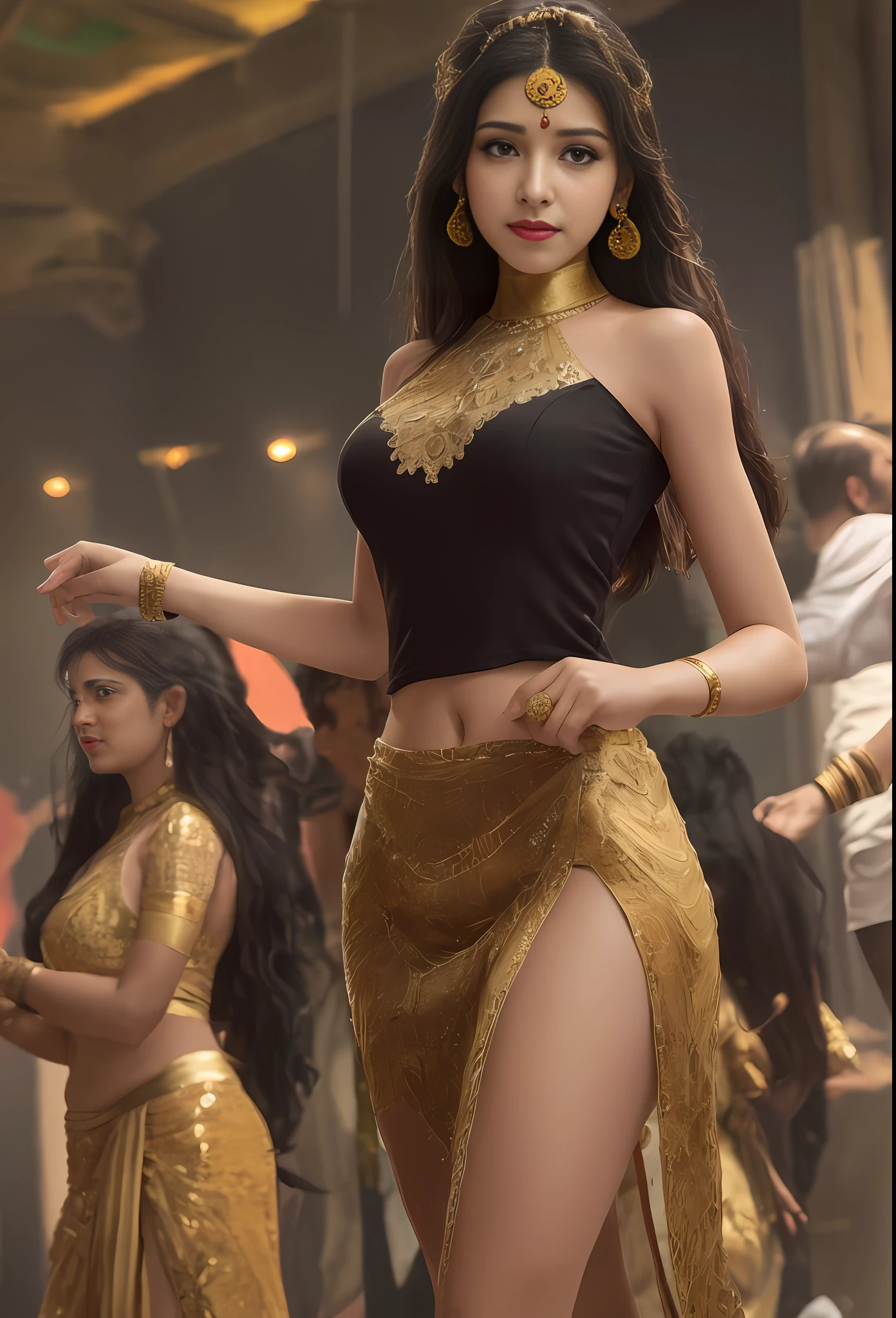 (masterpiece, best quality, realistic),
1girl, background, indian dress, dancing, intricate, dark red dress, gold, indian palace, india, indian person, banquet, crowd, picking up skirt, darker skin,
[slight smile],