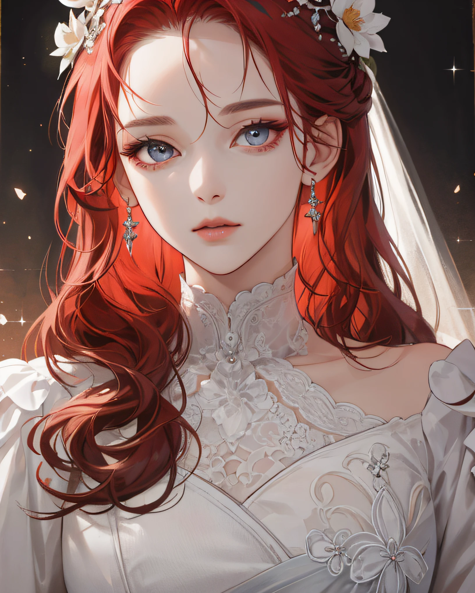 (an extremely delicate and beautiful:1.2)、8K、(A masterpice:1.0)、(best_quality:1.0)、1girls、a mature female、complicated detail、Enlarged texture、complicated detail、finely eye and detailed face、complicated detail、Red-haired、Perfect eyes、Equal eyes、(goddesses)、Perfect body、extremly detailed