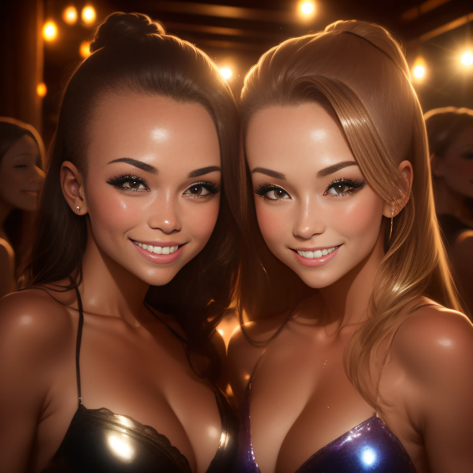 two tanned caucasian women at a bachelorette party, oily foreheads, shiny foreheads, smiles, indoor, house, night time, photography, flash lighting