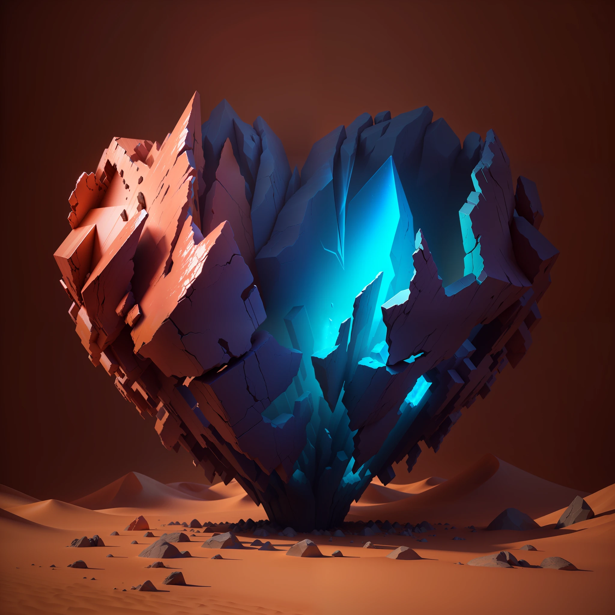 there is a heart shaped object made of rocks in the desert, volumetric light, Estilo de Arte Heartstone Original, arte conceitual emocional, inspirado em Mike Winkelmann, 3 d render stylized, renderizado em octanagem, 8k arte impressionante, 3 d renderizado em octanagem, inspirado em Christopher Balaskas, 3d renderizado em octanagem, arte renderizada, 3 d render bipe