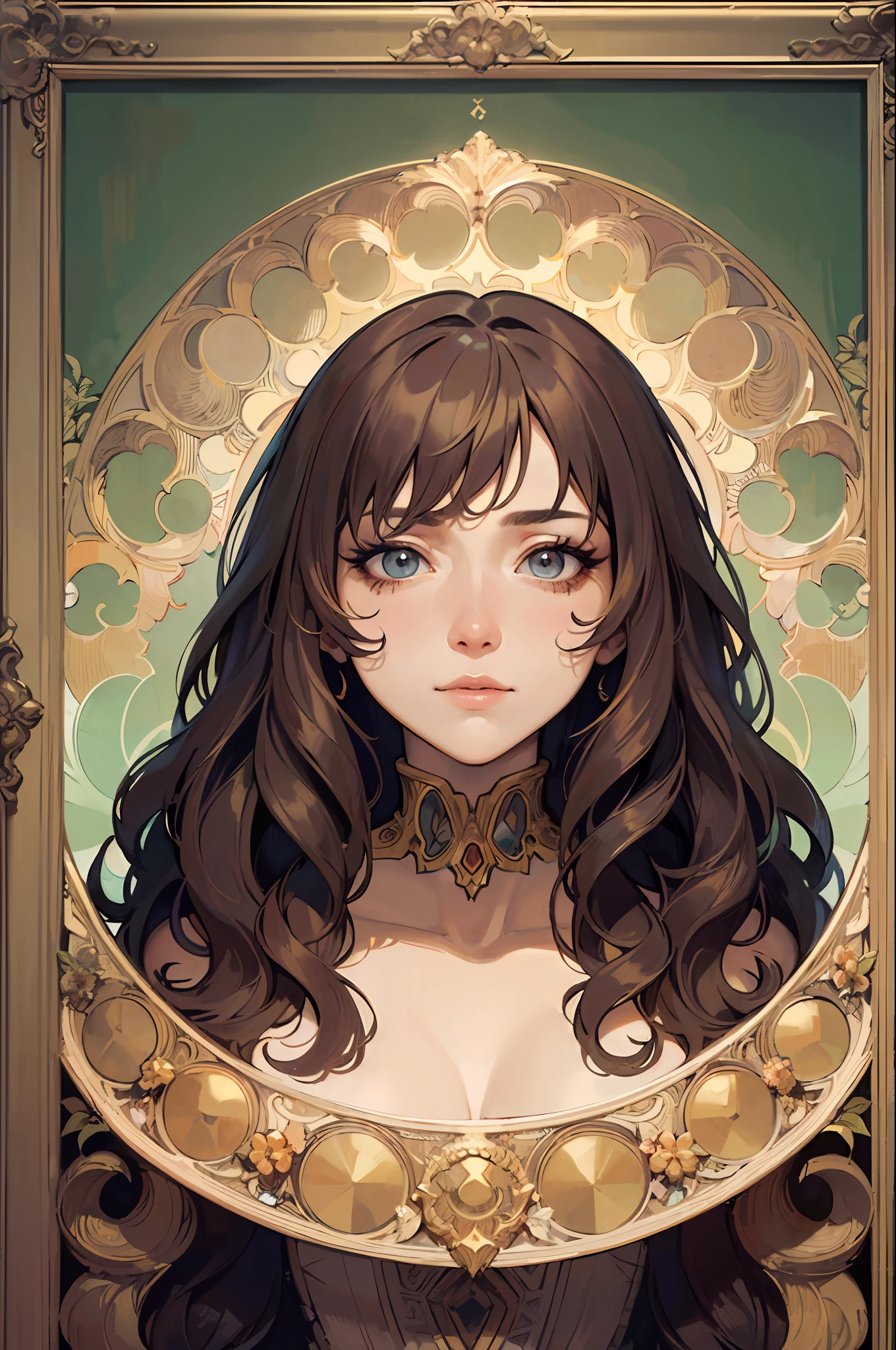 face portrait of a European female , long curly hair, blond, floral frame, Decorative panels, abstract
artistic, by Alphonse Mucha
(Masterpiece, Best Quality, Highres:1.4), Detailed, Intricate Details, 4K, color splashes, line art, fibonacci,