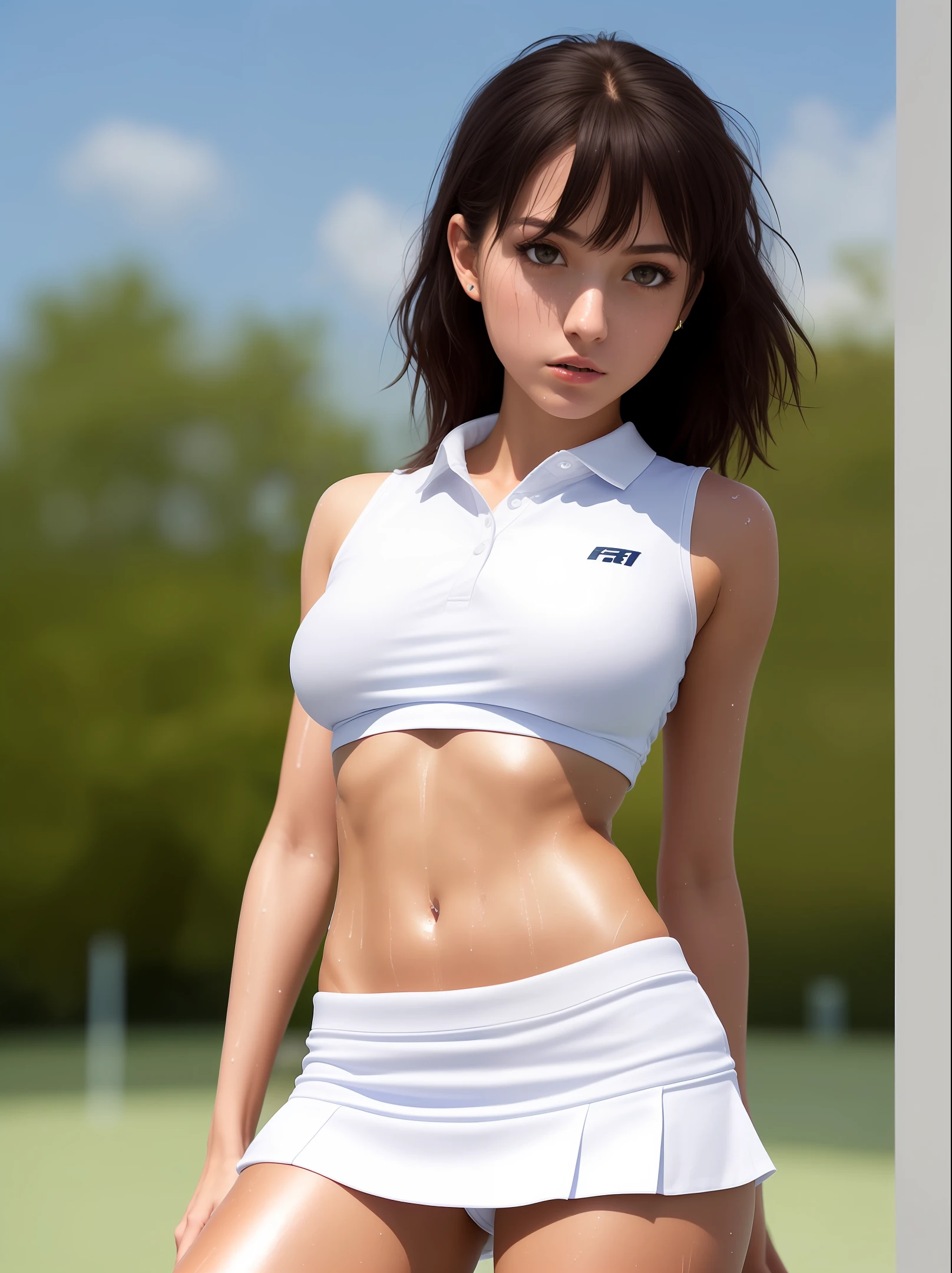1girl, solo, white polo shirt, white sneakers, tennis wear, white miniskirt, masterpiece, best quality, realistic, hyper-detailed, (shiny skin, sweaty:1.4), absurd, looking at viewer, short black hair, brown eyes, slender, dynamic lighting, high resolution, sharp focus, depth of field, detailed eyes, sharp pupils, realistic pupils, (small breasts:1.6), (thick thighs:1.0), outdoor, sky