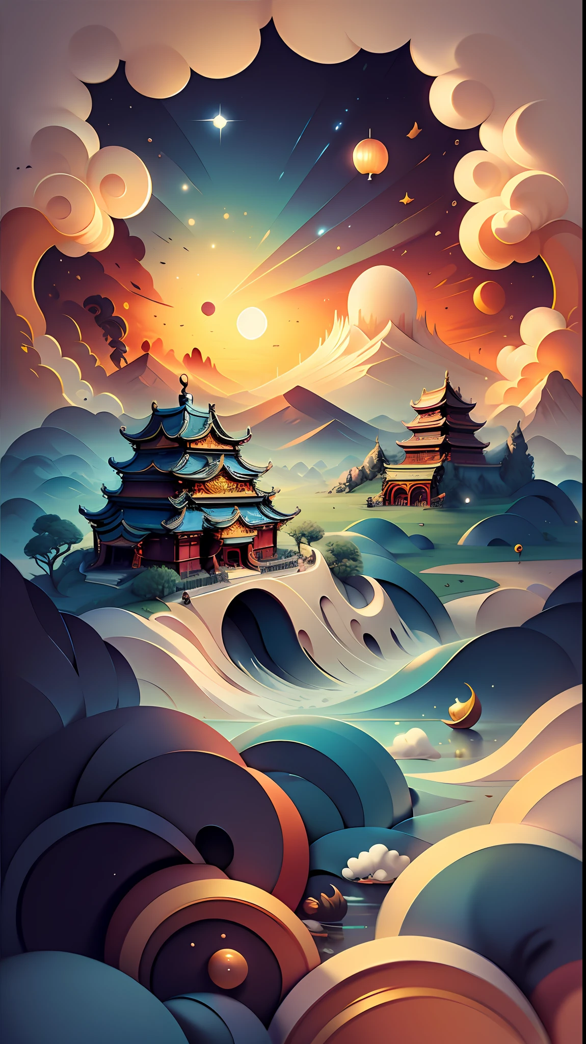 Picture flat poster,Depicting the back of a Chinese woman。Hair is soft and flowy,Dressed in Hanfu。Background mountain,Surrounded by mountains and rivers,It blends elements of abstraction and contemporary art,Picture color gradient,It looks like rice paper。