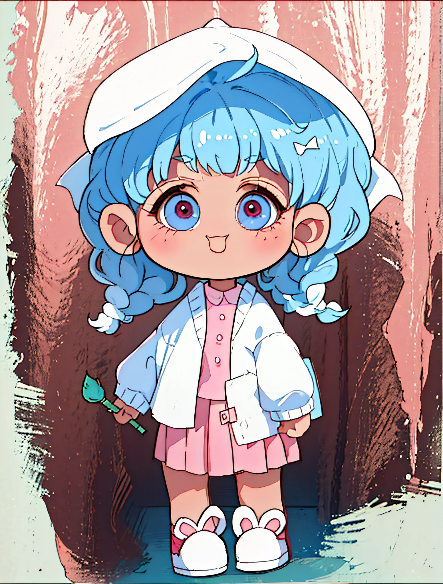 (Painting style:Cartoony, Soft light blue)One was wearing white shoes、white pantie, girl with pink hat and pink clothes,She wears a coat,The hair is brown