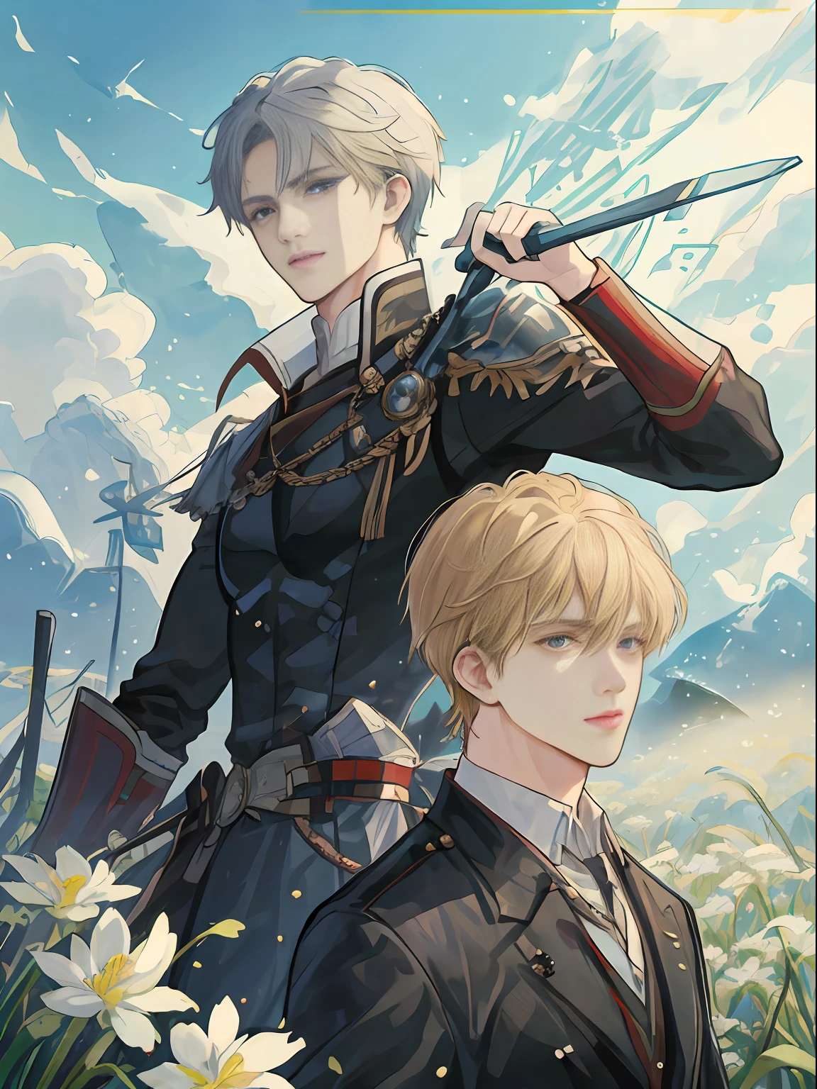 ((最好的质量、A masterpice))、Two handsome men、Comic art、Blonde beautiful man wizard、Middle-aged man with short black hair wearing black armor、grass field、fleur、sirius a and sirius b、high quality fanart、from cryptid academia、inspired by Masanobu Okumura、epic anime style、detailed fan art、illutst!,Akihiko Inoue and Rostran