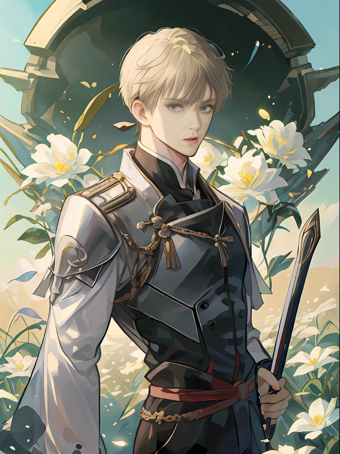 ((最好的质量、A masterpice))、Two handsome men、Comic art、Blonde beautiful man wizard、Middle-aged man with short black hair wearing black armor、grass field、fleur、sirius a and sirius b、high quality fanart、from cryptid academia、inspired by Masanobu Okumura、epic anime style、detailed fan art、illutst!,Akihiko Inoue and Rostran