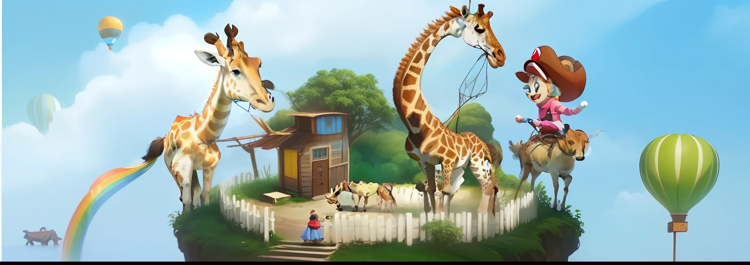 there are many animals that are standing on a small island, Cartoon image, live action children's tv show, film still from an cartoon, children's tv show, animals chasing, 🌻🎹🎼, comical, mario riding a giraffe, animated movie still, No words, Without background, everyone having fun, illustration”, long shot view, 1 9 8 0 s children's show --auto