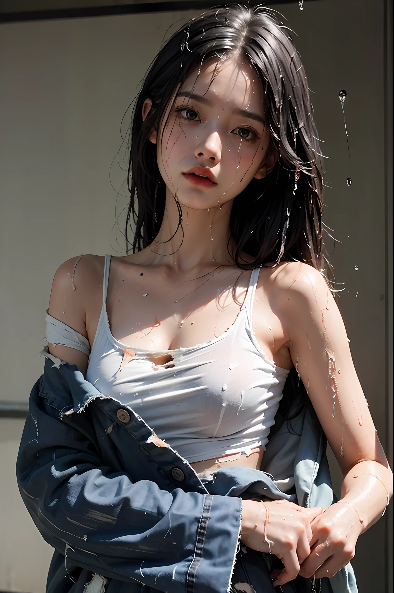 Best picture quality, masterpiece, ultra high resolution, (fidelity :1.4), photo, 1 girl,[(sadness)],white shirt, Dim, dark, desperate, pitying, pitiful, cinematic,tear,teardrop,(Torn clothes:1.5), (Wet clothes:1.4), bare shoulders,Real rain,wet hair,..