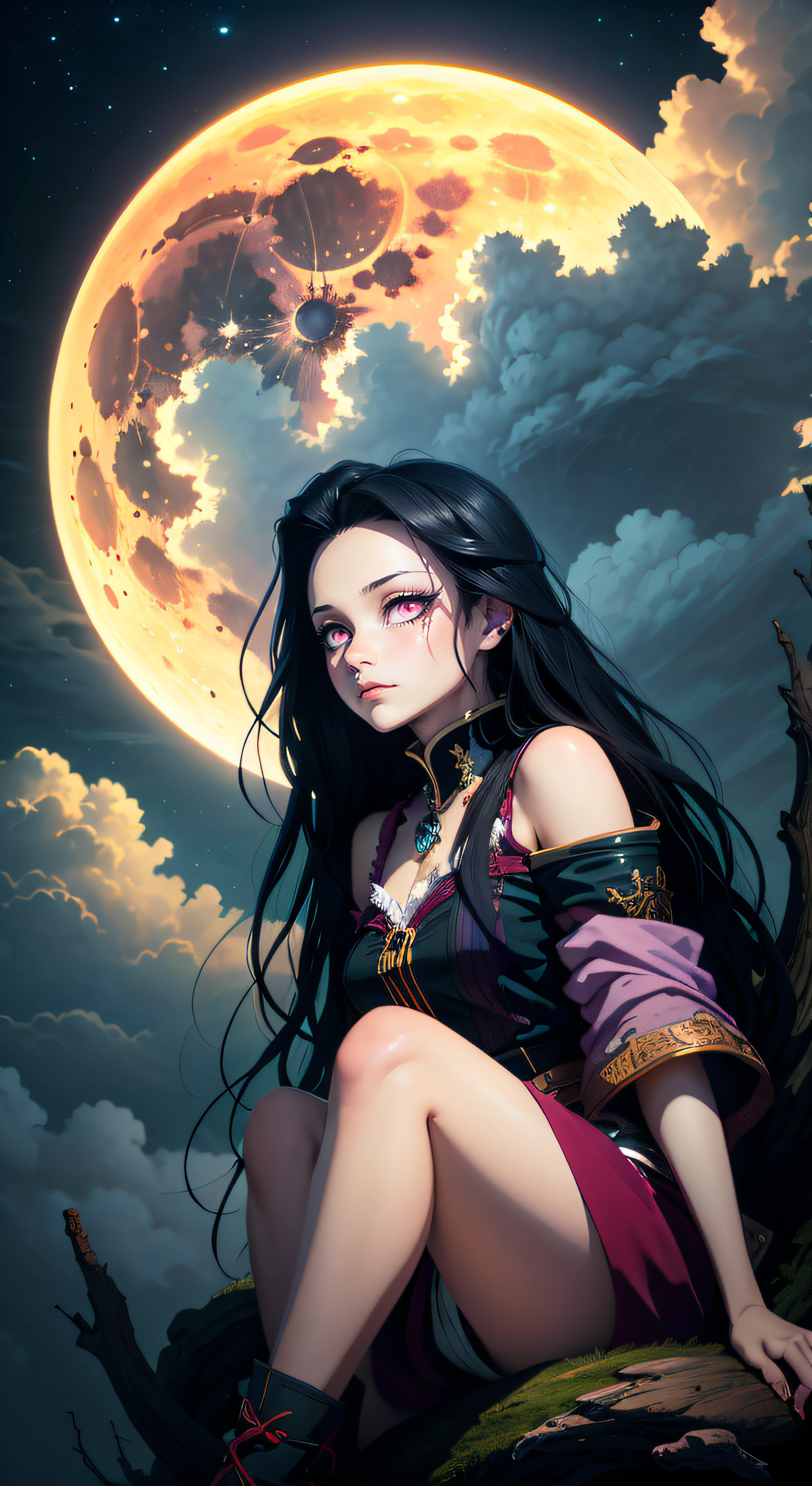 ((best quality)), ((masterpiece)), (detailed), Nezuko, long black hair, pink eyes, demon slayer, horror beauty, perched on a cloud, (fantasy illustration:1.3), enchanting gaze, captivating pose, delicate scars, otherworldly charm, mystical sky, (Luis Royo:1.2), (Yoshitaka Amano:1.1), moonlit night, large full moon, soft colors, (detailed cloudscape:1.3), (high-resolution:1.2)