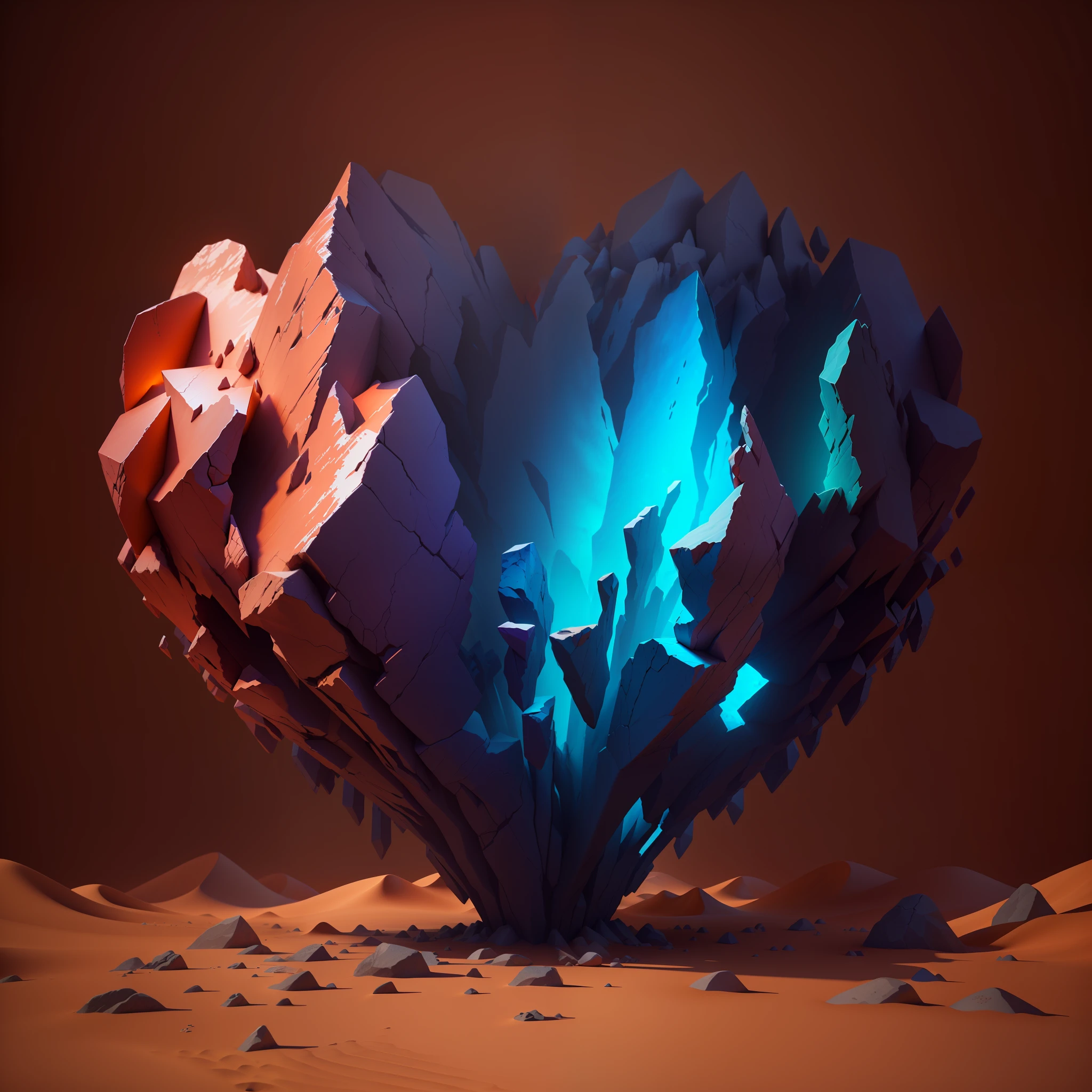 there is a heart shaped object made of rocks in the desert, volumetric light, Estilo de Arte Heartstone Original, arte conceitual emocional, inspirado em Mike Winkelmann, 3 d render stylized, renderizado em octanagem, 8k arte impressionante, 3 d renderizado em octanagem, inspirado em Christopher Balaskas, 3d renderizado em octanagem, arte renderizada, 3 d render bipe
