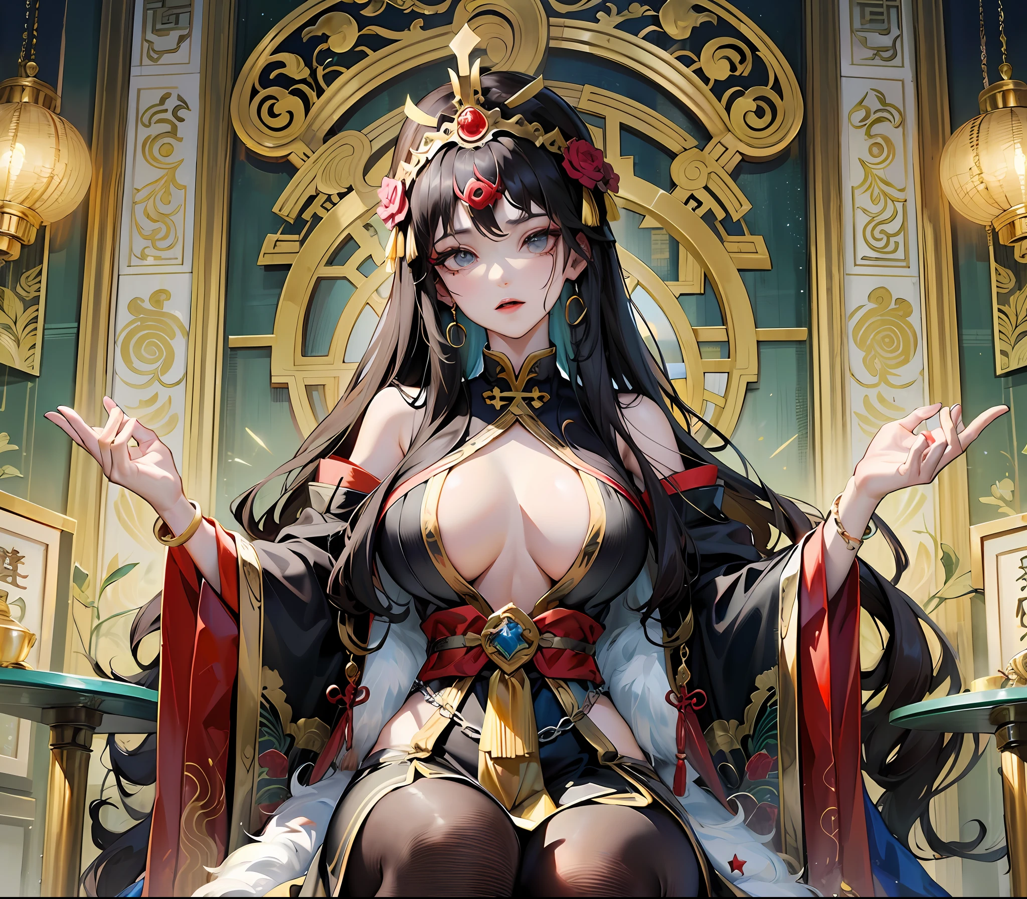 Queen Mother of the West,(The head of the Taoist fairy),Huaxia immortals,queen mother,Lord of the Heavenly Court,Ancient oriental gods,(Majesty,noble),Serious,Elegant temperament,Married Woman,Milf woman,(1人),40yearsold,(Very large breasts),Chinese Taoism,goddesses,((Meditate cross-legged)),Perfect flesh,Captivating visual treat,Extra-long black hair,Hairpins,Softens hair,Perfect and detailed face,Pinch the trick , dark eye,