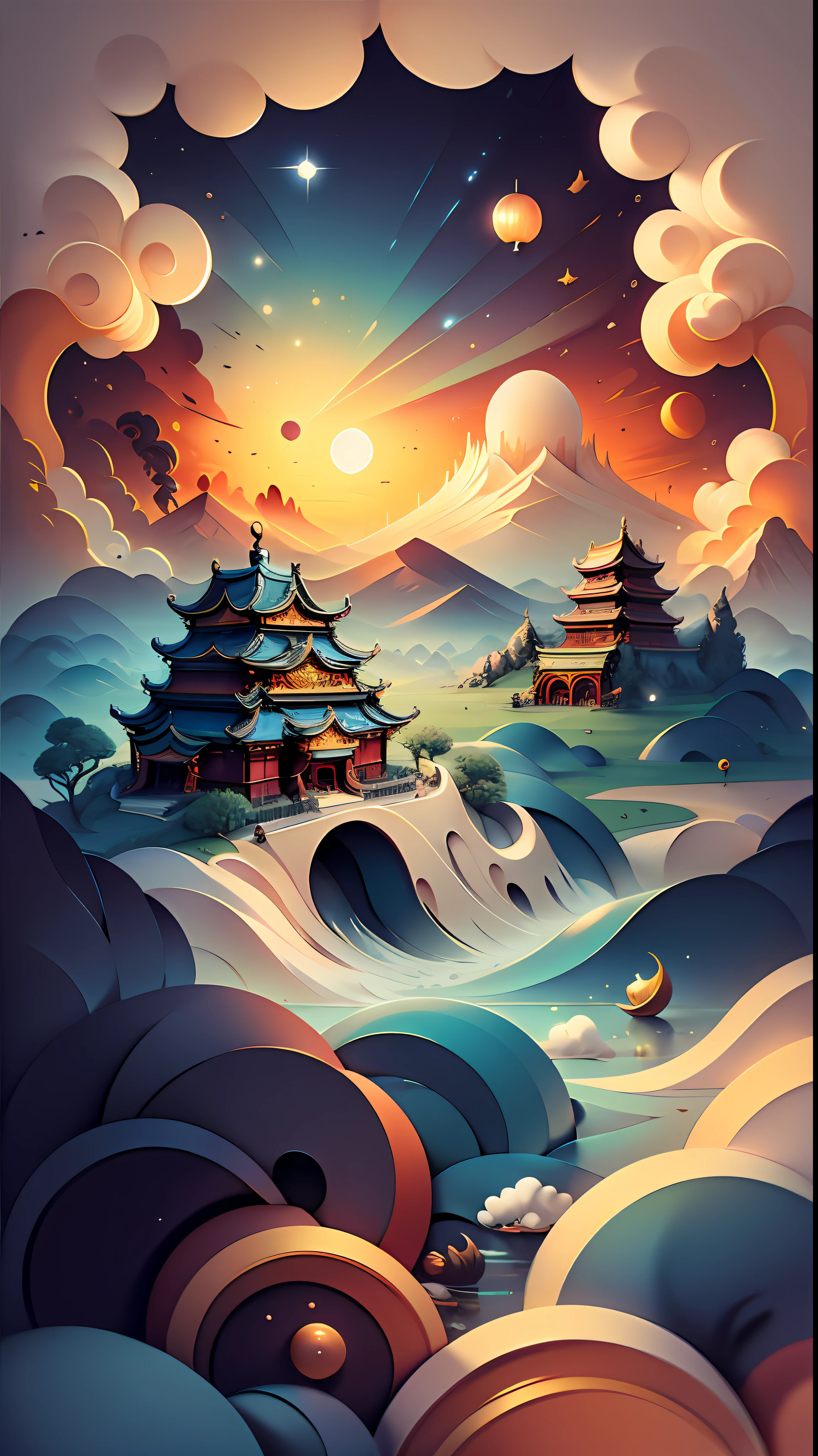 Picture flat poster,Depicting the back of a Chinese woman。Hair is soft and flowy,Dressed in Hanfu。Background mountain,Surrounded by mountains and rivers,It blends elements of abstraction and contemporary art,Picture color gradient,It looks like rice paper。