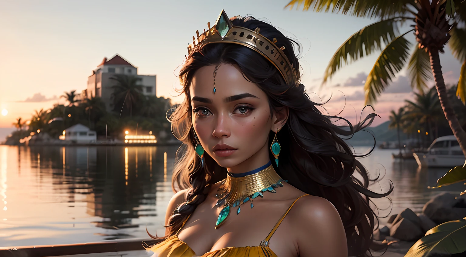 Cinematic photorealistic portrait of a Caribbean Queen. She's adorned in vibrant, tropical colors typical of the region, with a detailed, intricate headdress featuring local flora and fauna. Her attire is regal and reflects her stature, with handcrafted jewelry showcasing gemstones found in the Caribbean. Her eyes sparkle with wisdom and a sense of calm authority. The backdrop is a sweeping view of the Caribbean Sea, with its sparkling clear blue waters, under a stunning sunset. The lighting should have a golden hue, casting dramatic shadows and highlights. The style is inspired by hyper-realistic artists like Chuck Close and Alyssa Monks, with high definition details, especially on her facial expressions