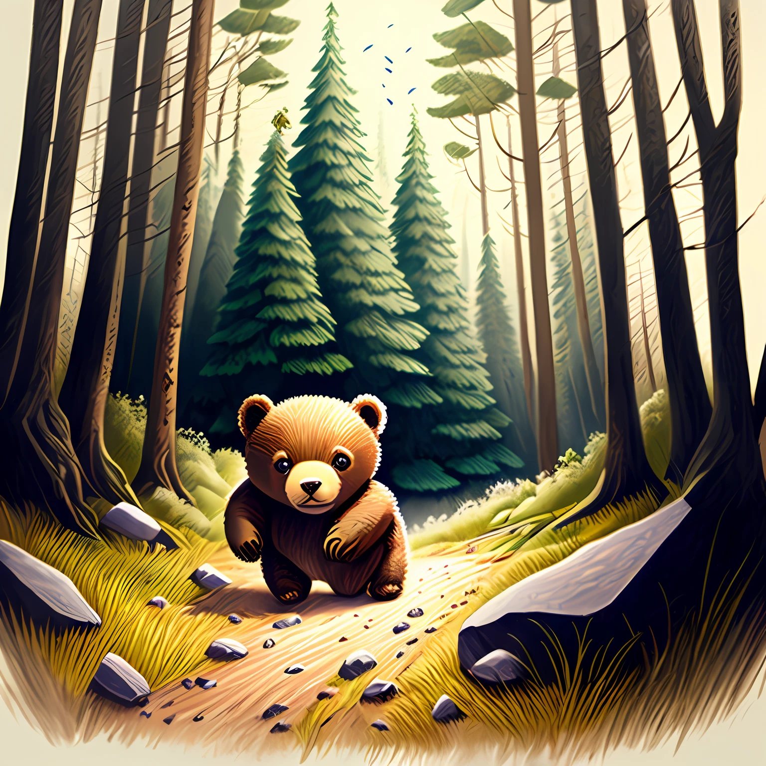 a strong wind began to blow in the forest The wind was so strong that it pushed the little bear back and made him trip over a rock.