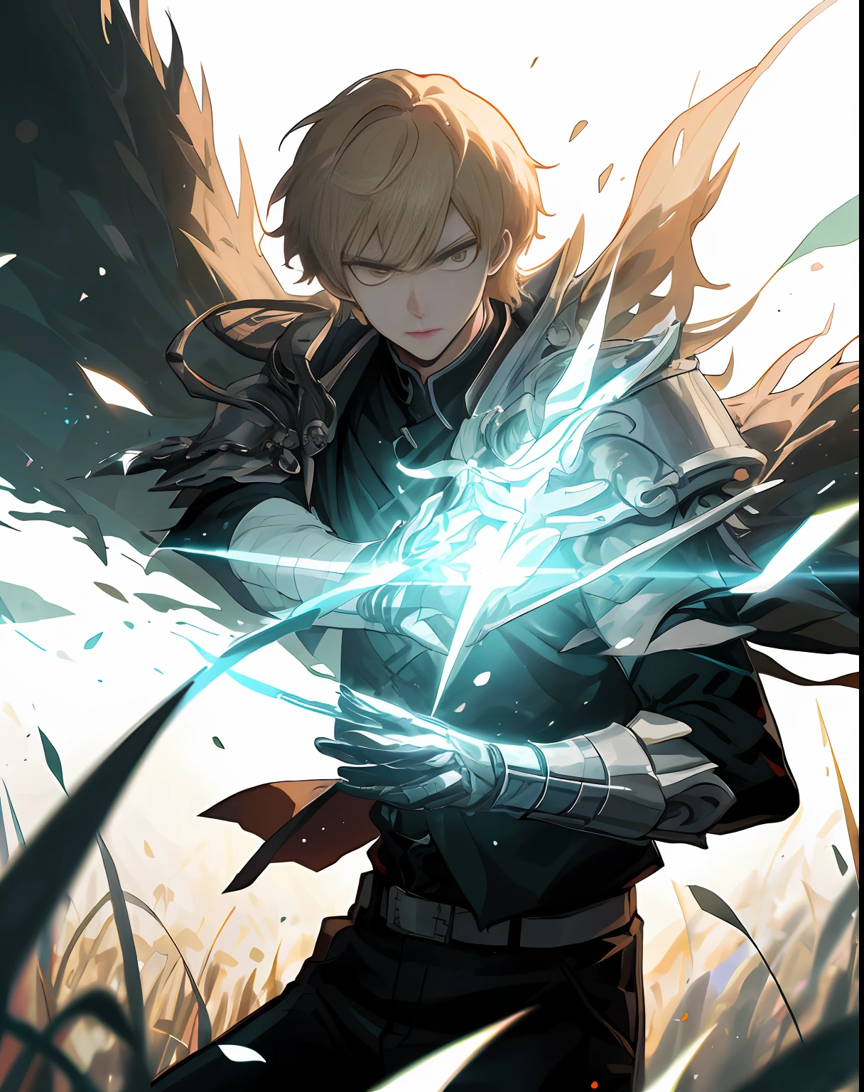 ((最好的质量、A masterpice))、Two handsome men、Comic art、Blonde beautiful man wizard、Middle-aged man with short black hair wearing black armor、sirius a and sirius b、high quality fanart、from cryptid academia、inspired by Masanobu Okumura、epic anime style、detailed fan art、illutst!,Akihiko Inoue and Rostran、particle、grass field、Tuuli、fleur、simple background、Uses backlight and rim light