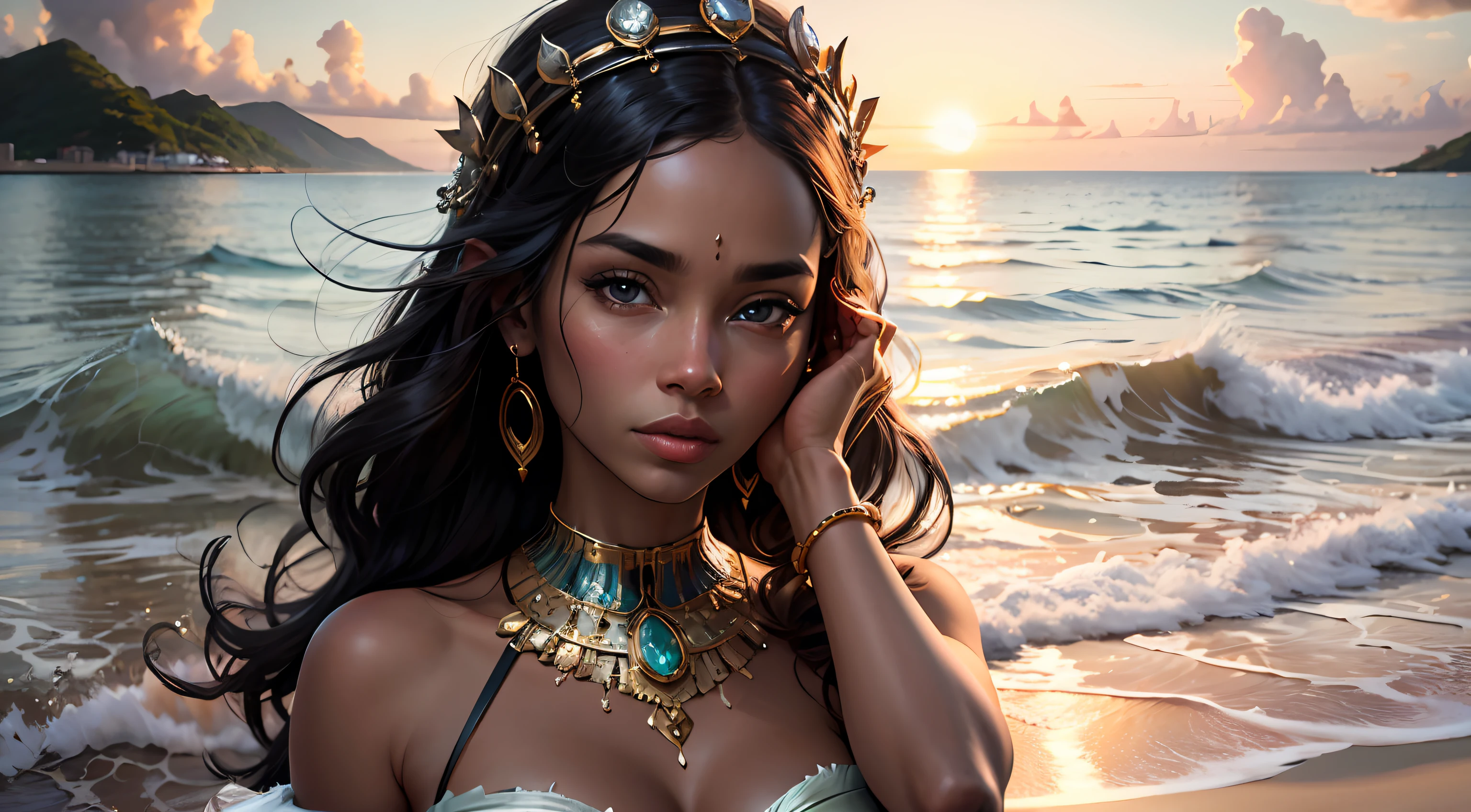 Cinematic photorealistic portrait of a Caribbean Queen. She's adorned in vibrant, tropical colors typical of the region, with a detailed, intricate headdress featuring local flora and fauna. Her attire is regal and reflects her stature, with handcrafted jewelry showcasing gemstones found in the Caribbean. Her eyes sparkle with wisdom and a sense of calm authority. The backdrop is a sweeping view of the Caribbean Sea, with its sparkling clear blue waters, under a stunning sunset. The lighting should have a golden hue, casting dramatic shadows and highlights. The style is inspired by hyper-realistic artists like Chuck Close and Alyssa Monks, with high definition details, especially on her facial expressions