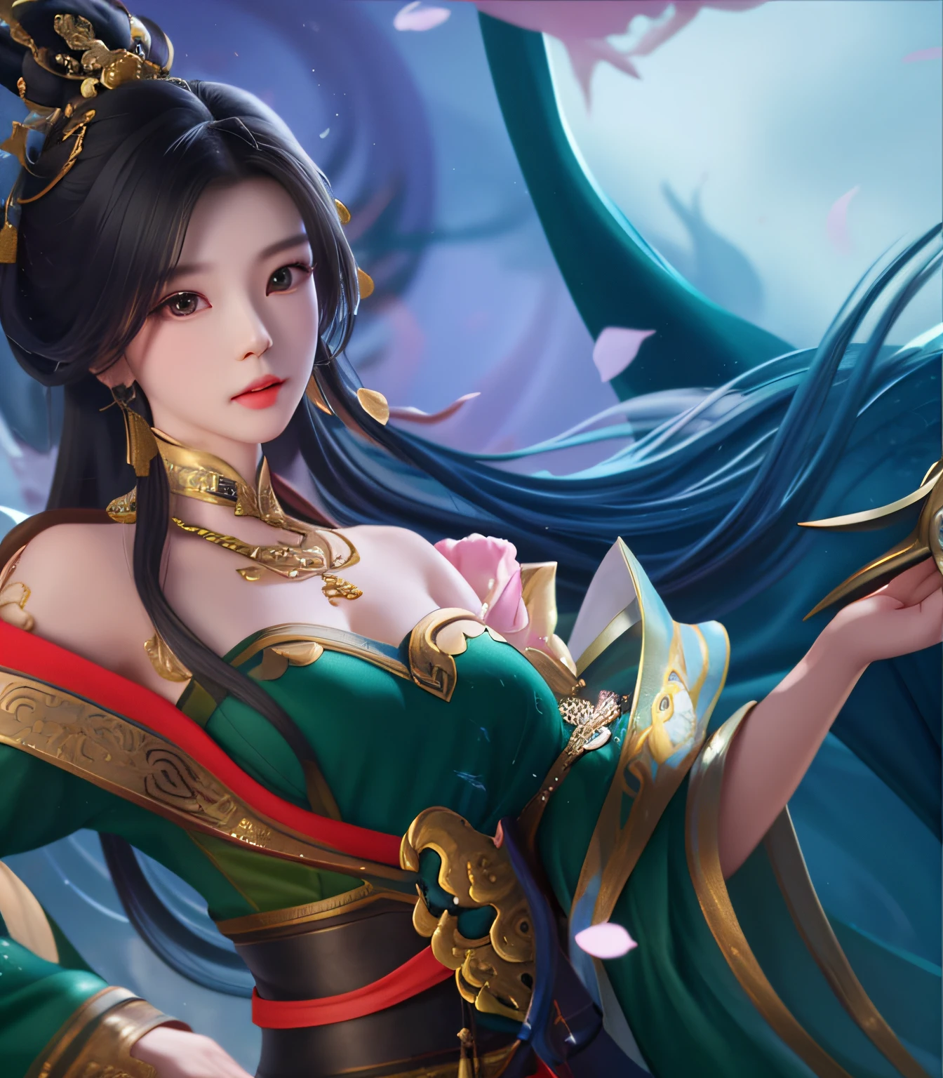 a close up of a woman in a green dress holding a sword, Inspired by Lan Ying, inspired by Ju Lian, Inspired by Li Tang, queen of the sea mu yanling, inspired by Du Qiong, Ruan Jia and Artgerm, inspired by Pu Hua, bian lian, inspired by Wu Li, inspired by Wu Bin, Yun Ling
