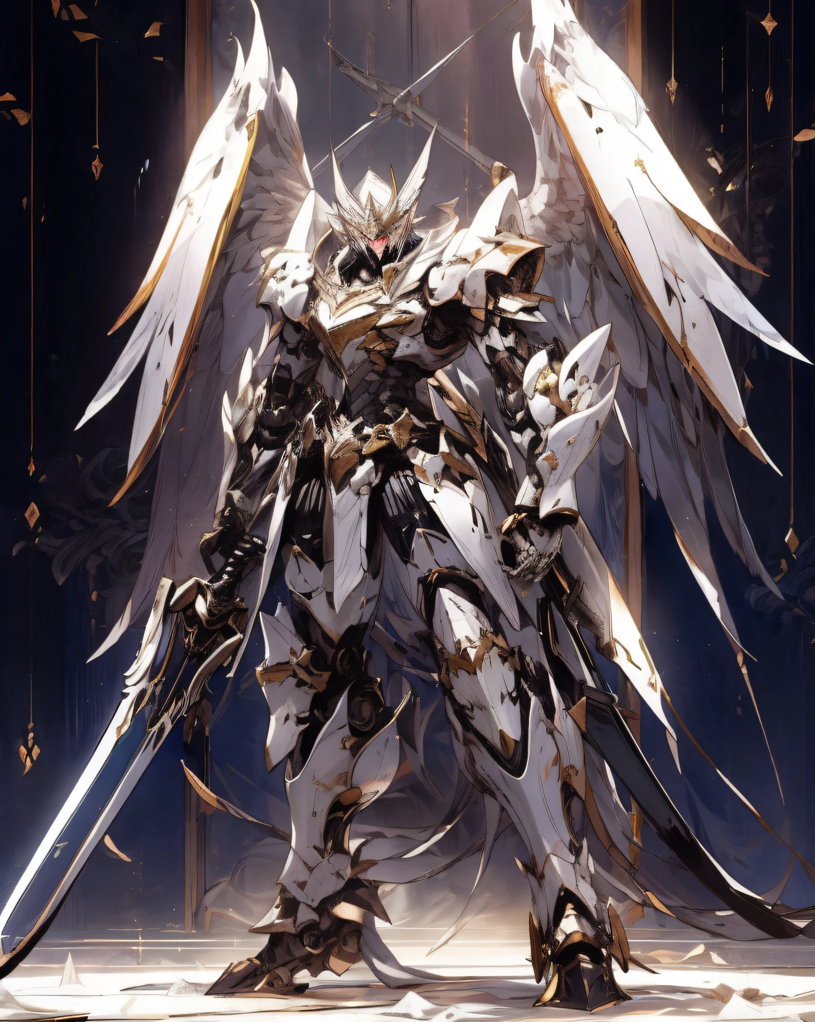 Arad image of a robot with wings and sword, from Ark Night, Armor Angle with Wings, Ark Night, glossy white armor, Archangel, Alexander Fira white mech, Raymond Swanland style, white armor, albedo of anime overlord, gunnier, detailed white armor, mecha wings
