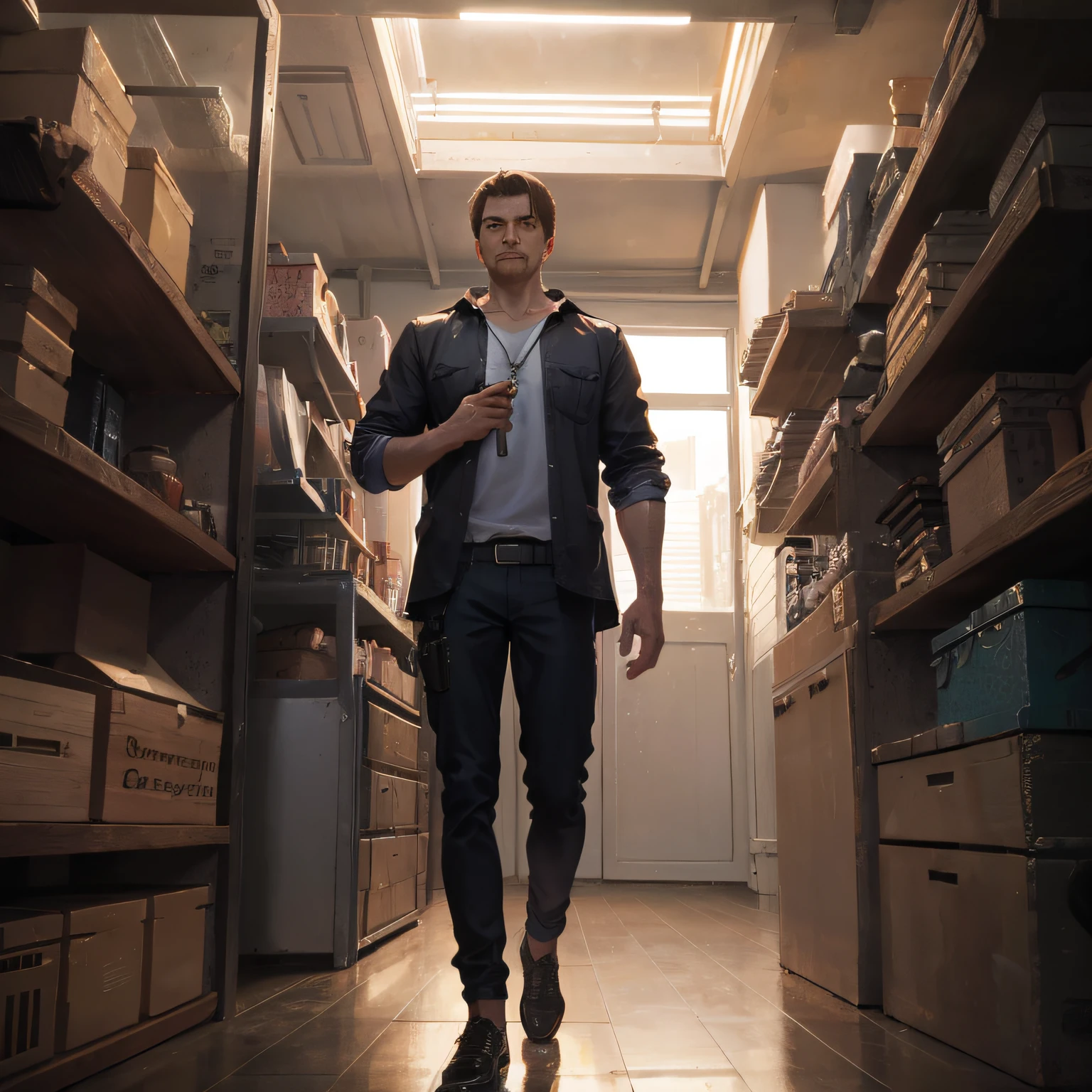 homem, um homem musculoso de 30 anos vestindo camisa branca de manga comprida e gravata, usando sapatos de couro, corpo inteiro, gentle lighting, obra-prima, melhor qualidade, 8k uhd, dslr, movie grain, pintura fotorrealista Fujifilm XT3 arte de midjourney e greg rutkowski, sofrendo de ansiedade, with a countenance of anguish, holding a key and trying to open a cage where he is imprisoned --auto