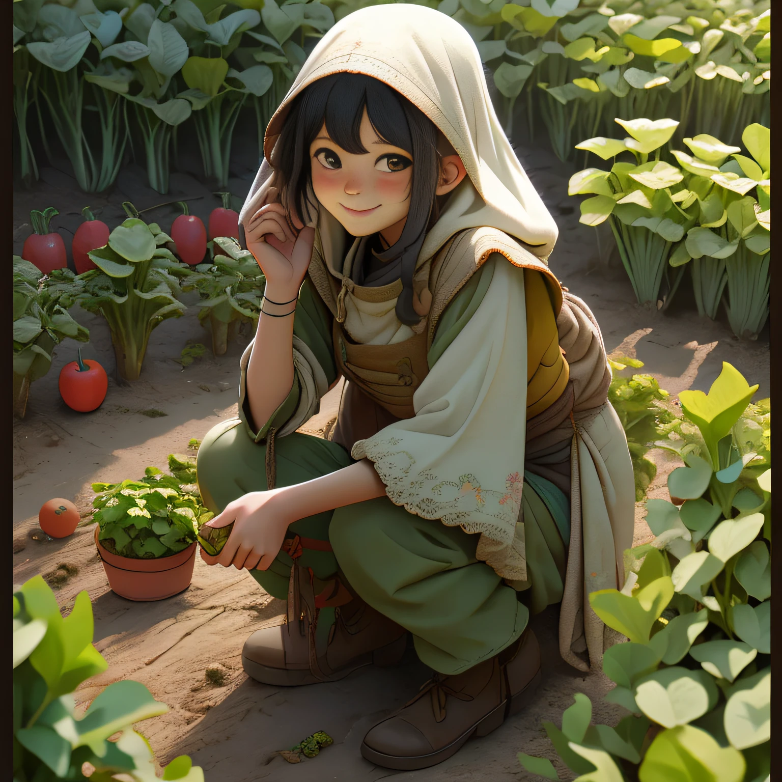 image of smiling peasant girl singing, dressed, crouching, picking vegetables in an open-space garden with medieval vilareijo in the background,