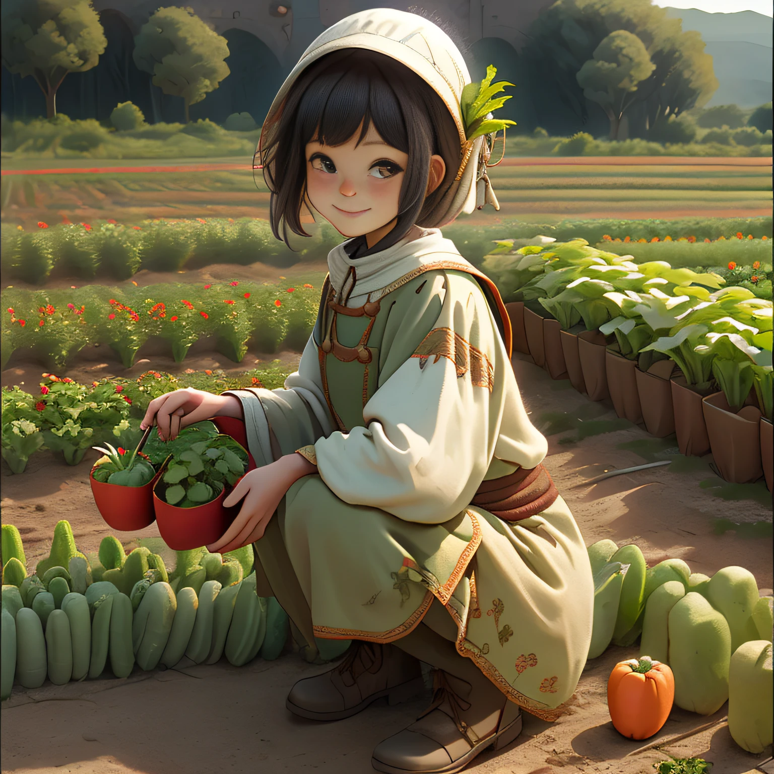 image of smiling peasant girl singing, dressed, crouching, picking vegetables in an open-space garden with medieval vilareijo in the background,