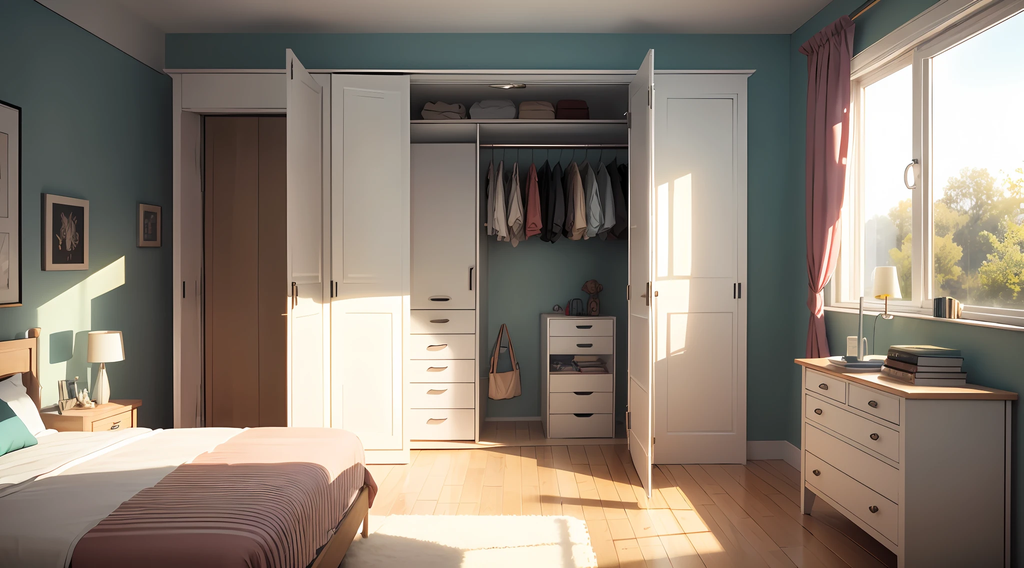(melhor qualidade), (realista), (usar cores claras) a realistic white table inside a bedroom with wardrobe behind