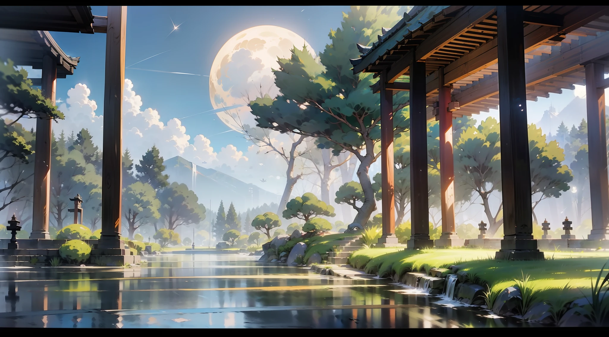 Japanese anime scene design，（midnight，fireflys，hotsprings，As estrelas，The moon，hillside，large trees，Wisteria flowers），Quiet and elegant atmosphere，Delicate and soft painting style，Cinematic lighting effects，HD picture quality，abundant detail，32K，Very perfect and unified 8K HD wallpaper，OC rendering sculpture