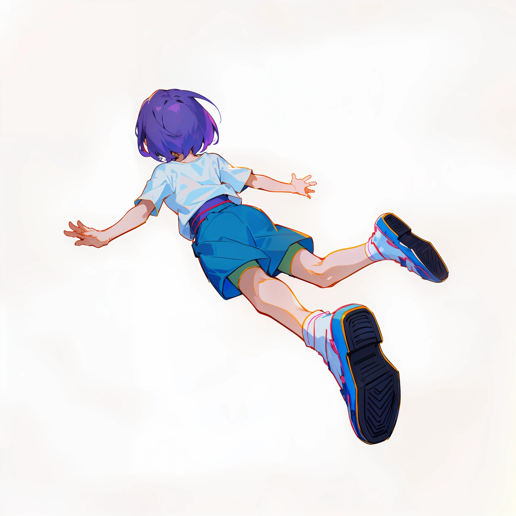 8K,1girl,Cartoon girl flying in the air, littlegirl, 2 d anime style, the anime girl is crouching, she is floating in the air, lying dynamic pose, character is flying, flying anime esper, Short dark purple hair, white t shirt,Blue Short,White knee-length socks,Light blue sneakers, flat anime style, 2d anime, Japanese animation style, Black tick line,white backdrop,anime pose,最佳质量
