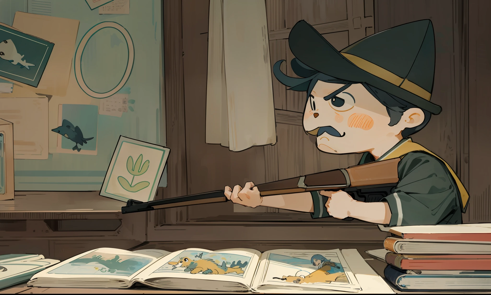 A guy,Footage of holding a shotgun,S ILLUSTRATION,Storybook illustration。The graphic style is cute