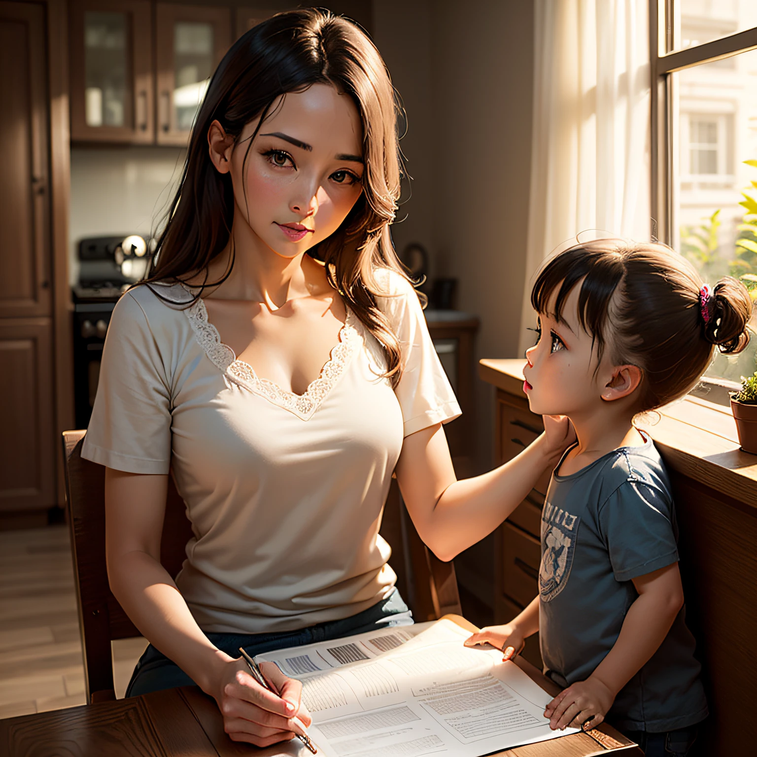 ((masterpiece, best quality)), (1girl),((mature female)), caring for a child, in simple home,