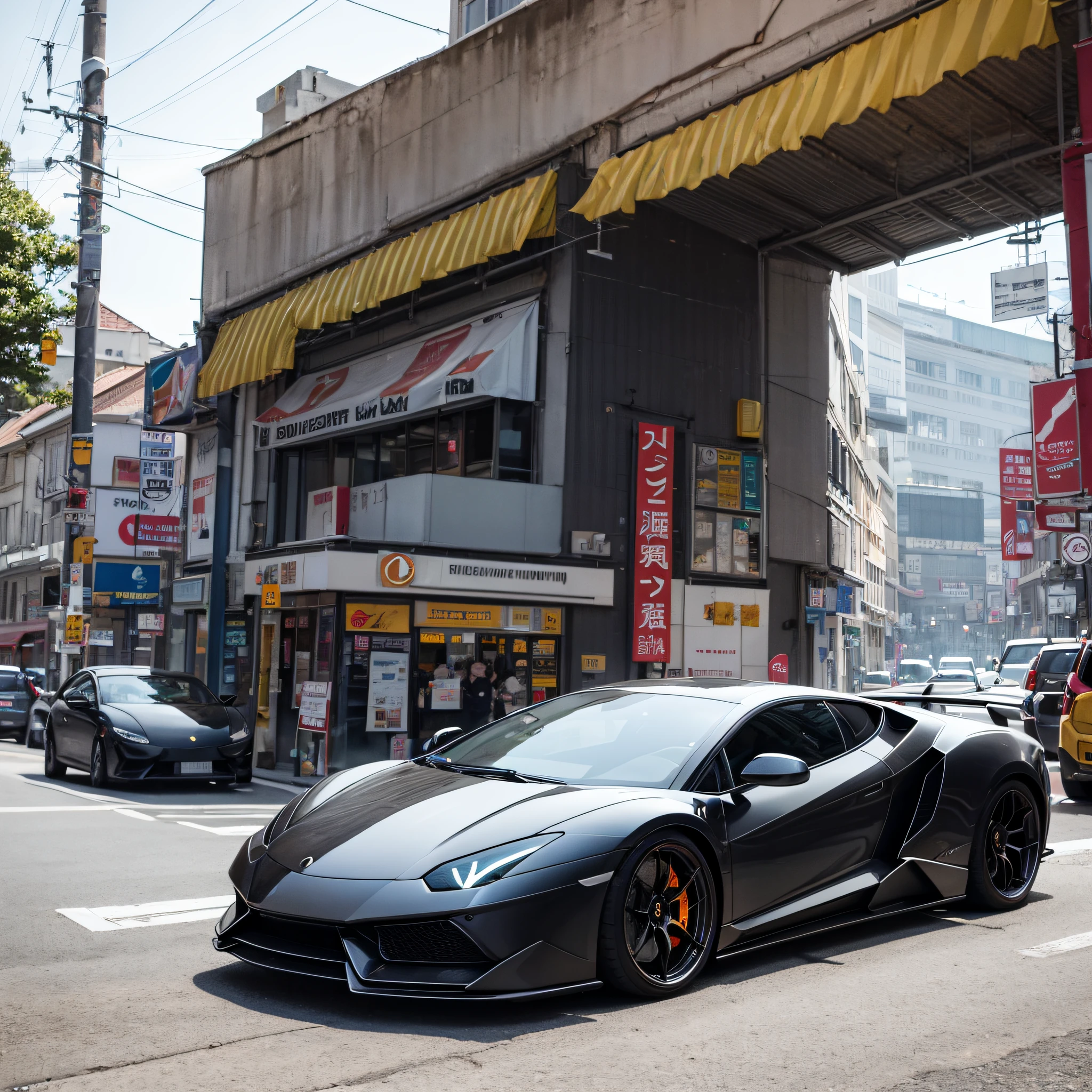 Contre-Jour。oras,Lamborghini, wide body kit, road, purple neon light, The Sun,Close up of (nmasterpiece,detailled,high resolucion),make realistic:1.4),(nmasterpiece:1.3),(最佳质量:1.4),ultra-high-resolution,8K分辨率, --auto
