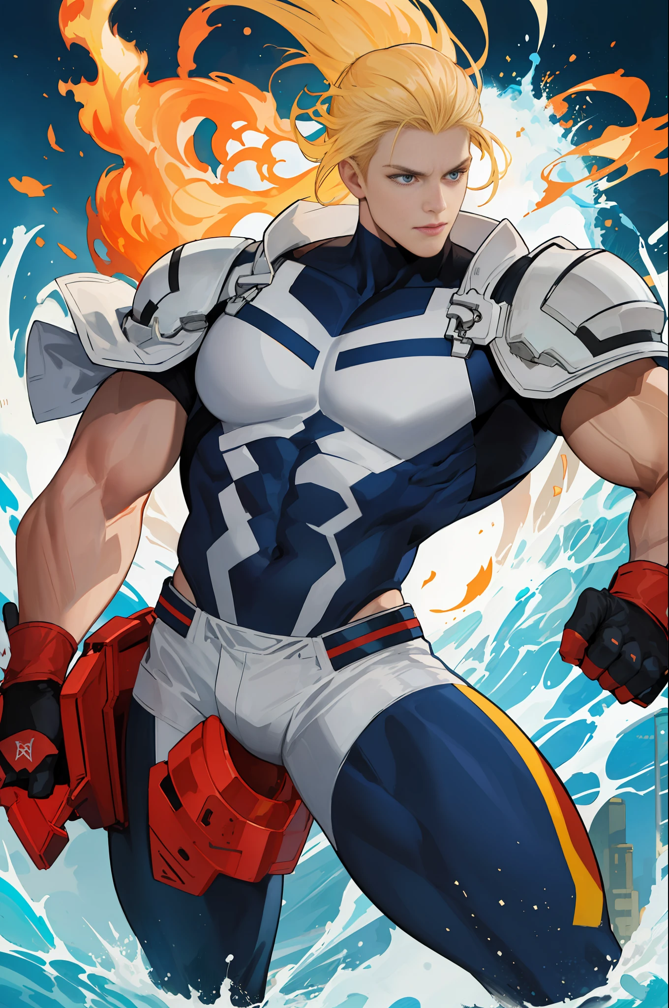 (masterpiece), best quality, ultra-detailed, high-energy, high-action, high-intensity, heroic and powerful, All Might in full power, muscular, fiery red and white suit, bulging muscles, blue eyes shining with determination and power, explosive energy waves, dynamic pose and angle, cityscape in the background, vibrant colors and high contrast.