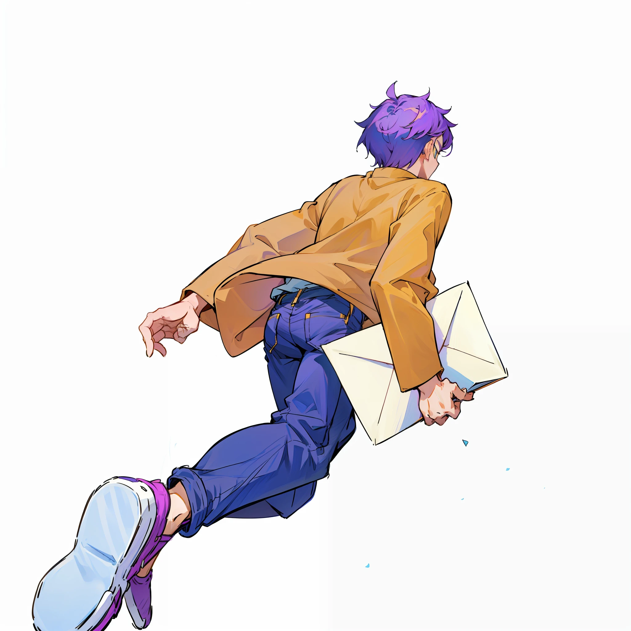 8K，Running boy，Hold the envelope in one hand, Anime boy running, Short lilac hair, Yellow long sleeves，Gray jeans，Purple shoes， shounen jump, 2 d anime style,Run in a dynamic pose,flat anime style, 2d anime, Japanese animation style, white backdrop，anime pose， flying anime esper, 最佳质量