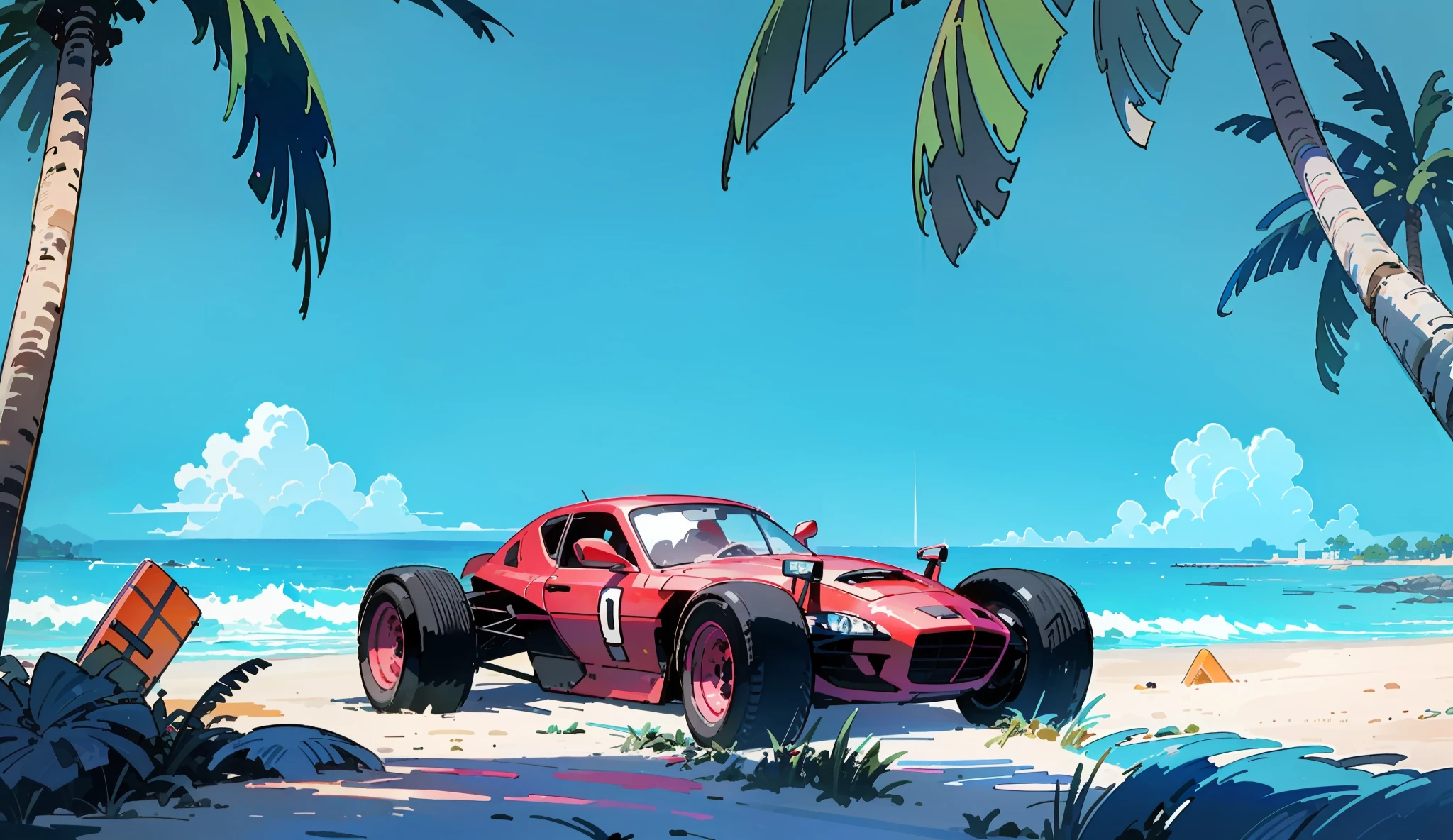 cartoon car on a beach with palm trees and surfboards, nicolas bouvier sparth, anime art vehicle concept art, outrun art style, art deco outrun anime aesthestic, colorful concept art, concept art style, concept art style, car concept art, author:Raymond Han, author:Alexander Jean, concept art digital illustration, 2D concept art