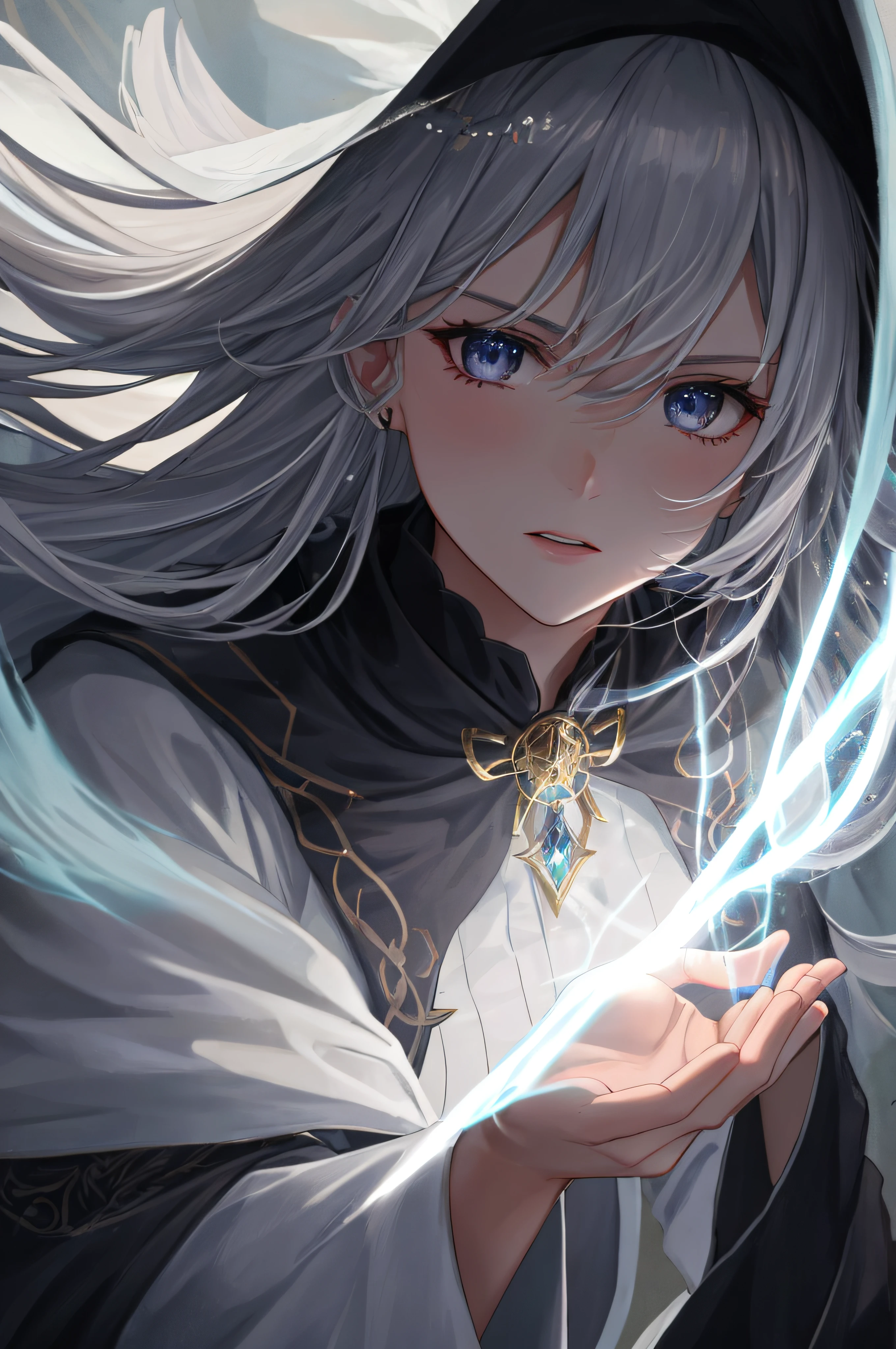 Cinematic action photo of a witch, her face illuminated by the glow of her magical spells. Her outfit, a form-fitting robe of dark velvet, is detailed with intricate patterns of silver thread and glowing runes. Her face, a picture of focused intensity, is framed by a cascade of wild, untamed hair. The colors are dark and dramatic, with the glow of her magic casting a harsh, eerie light on the scene. --ar 3:2 00 --s 2