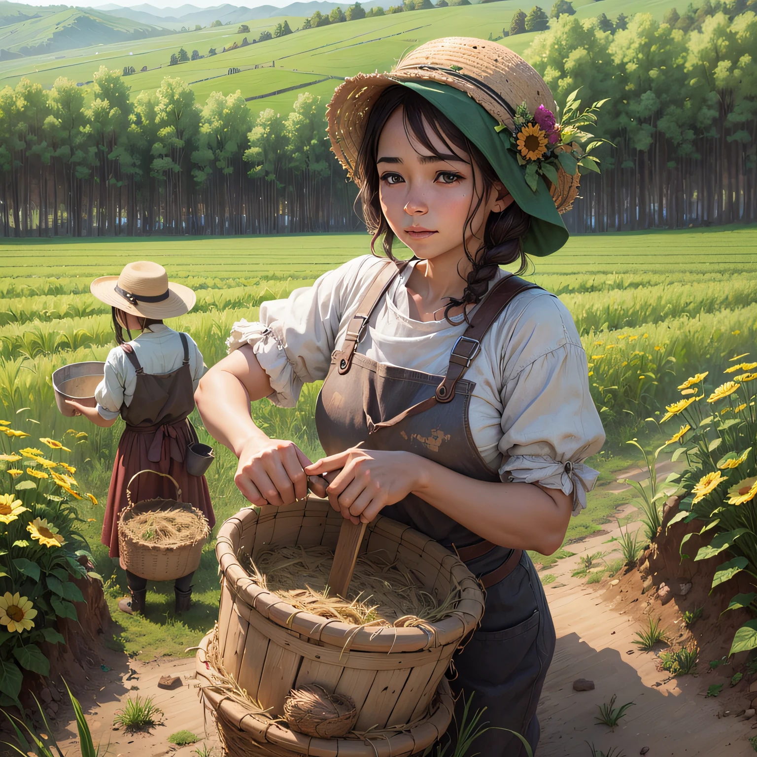 image of smiling peasant girl singing, dressed, crouching, picking vegetables in an open-space garden with medieval vilareijo in the background, --auto