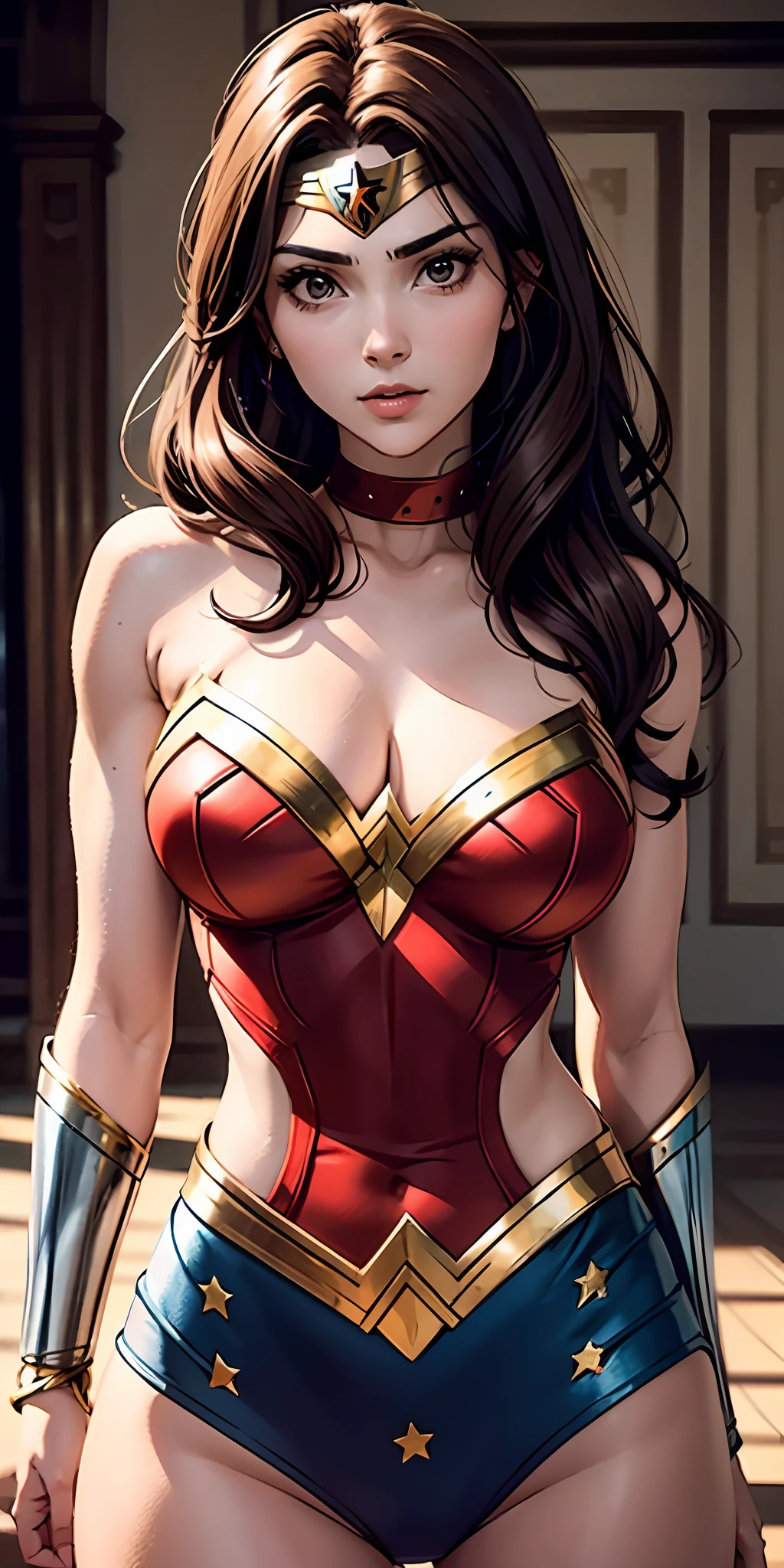 Woman in her 20s cosplaying Wonder Woman, detalles dorados, (Cara perfecta), defined jaw, hermosos ojos marrones, labios hermosos, (brown-hair), (Perfect anatomy), (Athletic body), (sexy), (muslos gruesos), (manos perfectas), falda corta, Pulseras, mirando al espectador, (Full mid-shot photography), realista