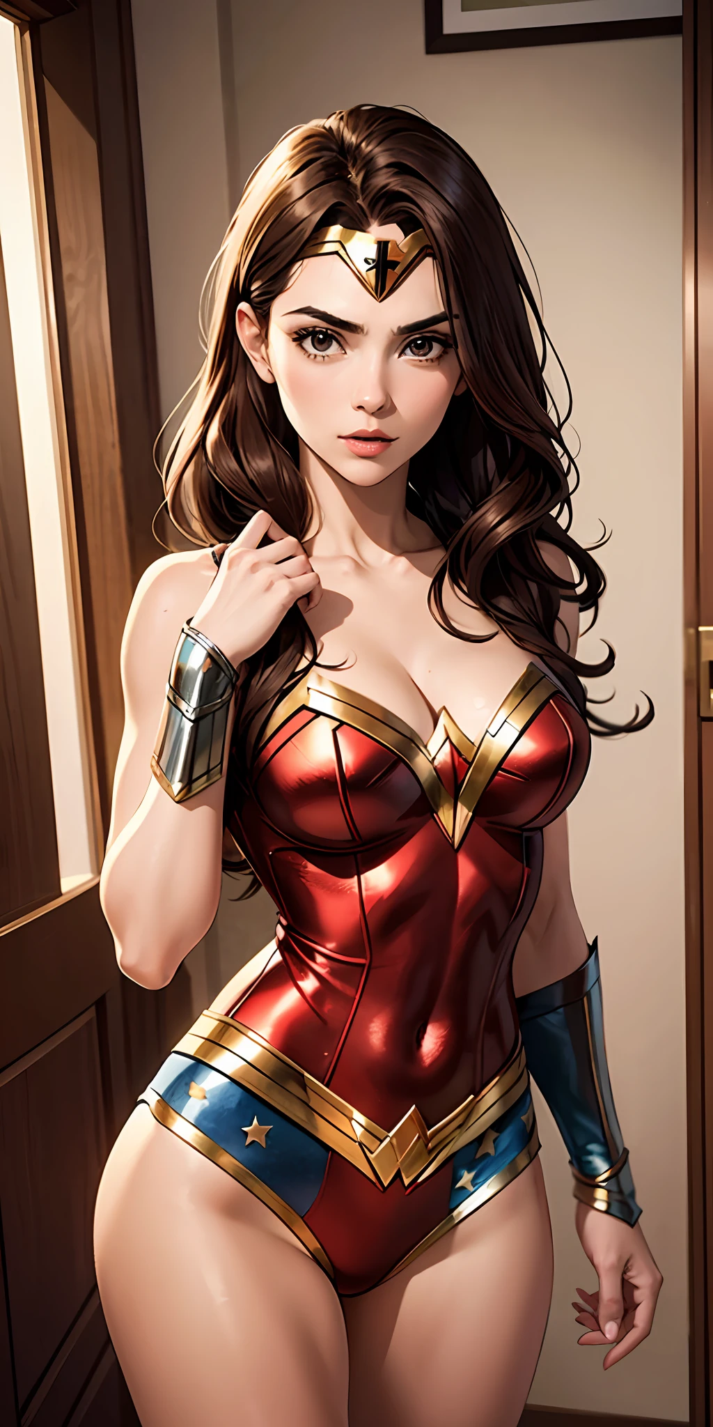 Woman in her 20s cosplaying Wonder Woman, detalles dorados, (Cara perfecta), defined jaw, hermosos ojos marrones, labios hermosos, (brown-hair), (Perfect anatomy), (Athletic body), (sexy), (muslos gruesos), (manos perfectas), falda corta, Pulseras, mirando al espectador, (Full mid-shot photography), realista