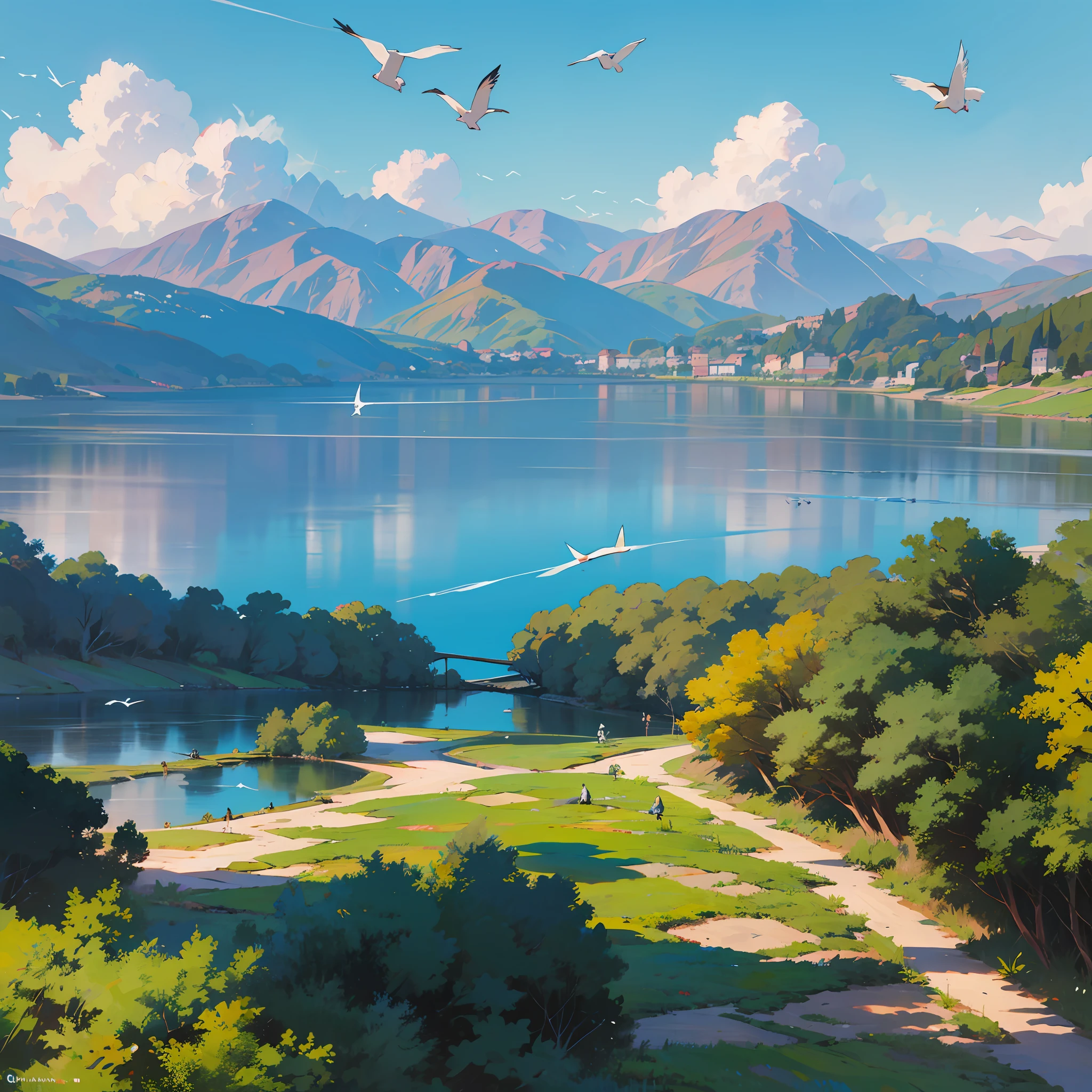 cores quentes, Final da tarde, Prados, lago, Campismo, birds in the sky, 2 children playing, alta qualidade, sem erros, muito bonito, 8k