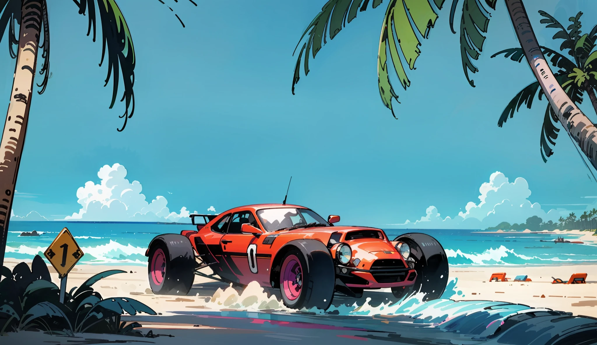 cartoon car on a beach with palm trees and surfboards, nicolas bouvier sparth, anime art vehicle concept art, outrun art style, art deco outrun anime aesthestic, colorful concept art, concept art style, concept art style, car concept art, author:Raymond Han, author:Alexander Jean, concept art digital illustration, 2D concept art