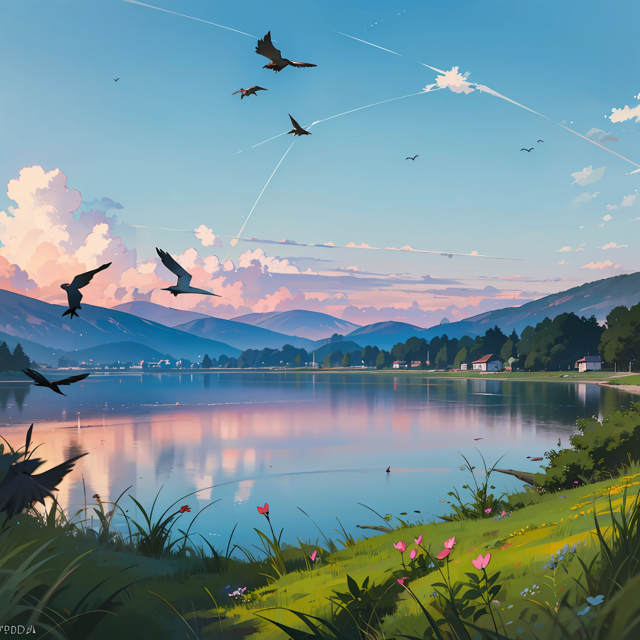 cores quentes, Final da tarde, Prados, lago, Campismo, birds in the sky, 2 children playing, alta qualidade, sem erros, muito bonito, 8k