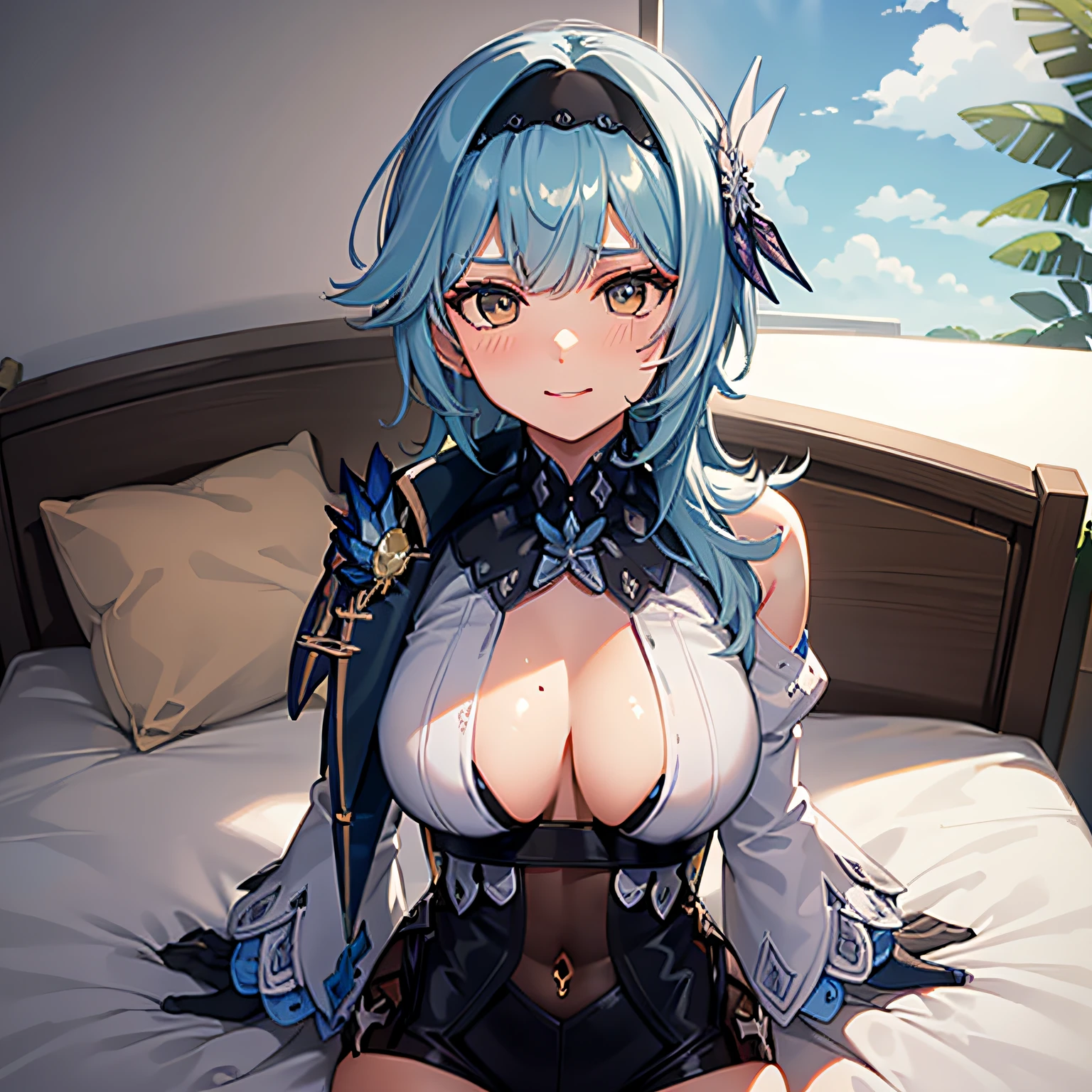 (antecedentes extremamente detalhados) (melhor qualidade), (mais alta qualidade), (obra-prima) , (ultra-detalhado) , Eula Lawrence, peitos enormes, bundas grandes, coxas grandes, Your MILF skin is oily, olhar sedutor, sorriso sedutor, blush, deitada numa cama , uma cama, blue skies, cabelo longo, olhos castanhos olhando para o espectador,4k , 8k ,