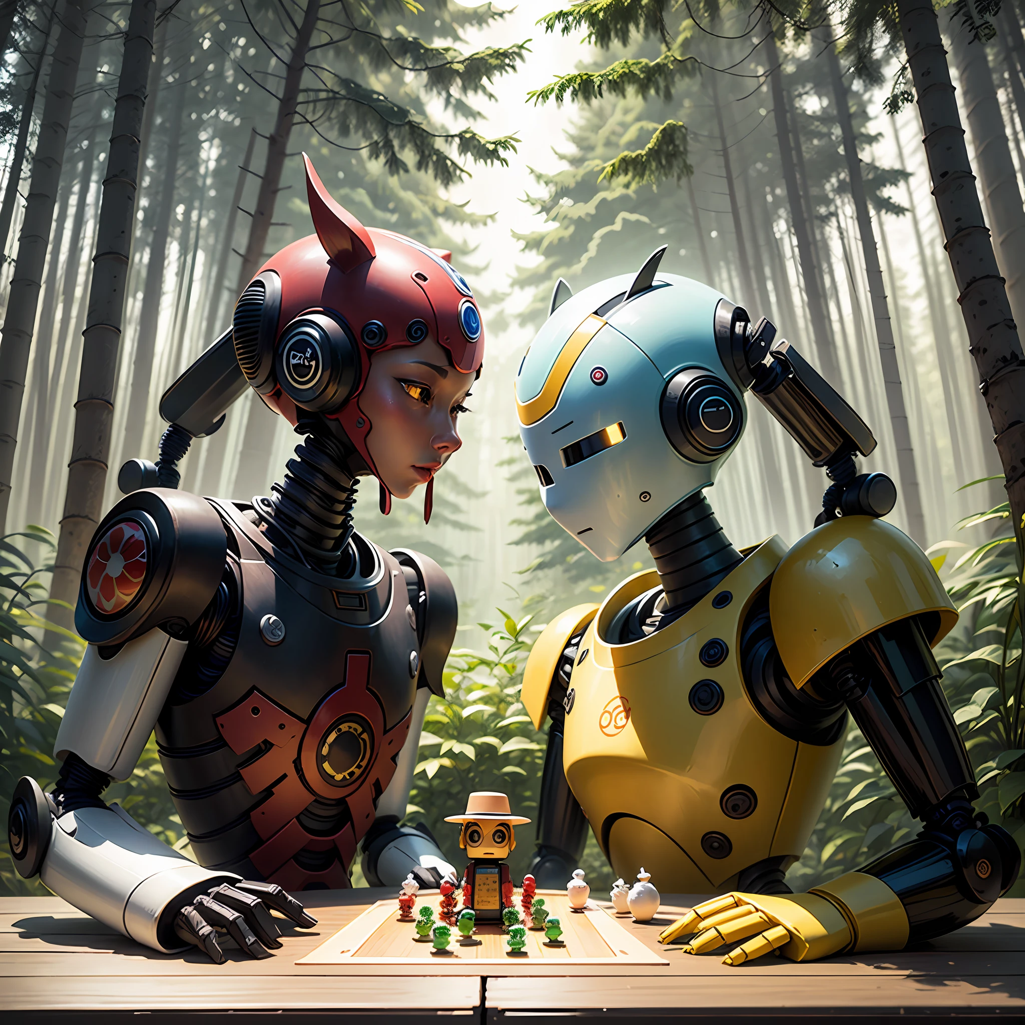 Under the bamboo forest,Two robots sitting and playing Go,There is a protein model on Go,The style of the picture is Chinese-style ink painting,There are two robots,There is a table,There are toys,There are protein models on the table --auto