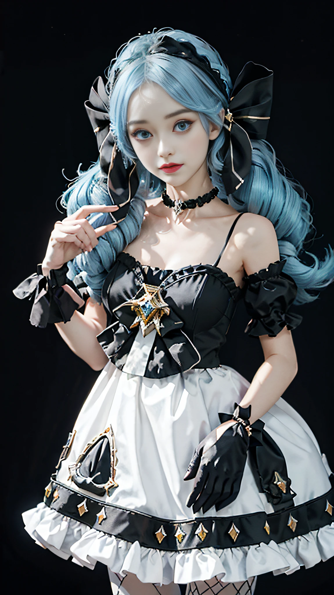 render 3d, 8K,High-precision details，Be authentic，Realistic rendering，Perfect face, Beautiful face, Extremely detailed eyes, Beautiful eyes, medium eyes, animegirl, Sexy pose, 独奏, 1girls, Short wavy hair, Angry face, viewer look, Smile, Drill hair, Gwen, Blue hair, Best quality, Masterpiece, White dress, hair accessory, Bow, Crouch, mitts, Black tights, Legs, Perfect lighting,slong hair, Face focus, close-up of the private parts, Lashes, Shining eyes, Luminous eyes, Symbol-shaped eyes, Lips, Detailed face, Symbol-shaped eyes, small details,NSFW