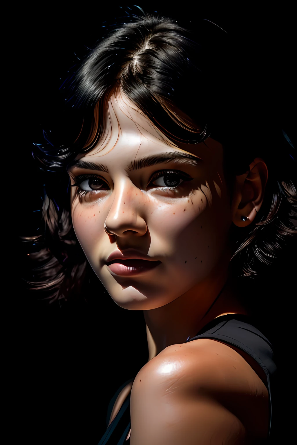 (RAW photo, best quality), (realistic, photo-realistic:1.2), 1girl, high quality, (high detailed skin:1.4), puffy eyes, gorgeous hair, (dark room:1.3), (rim lighting:1.3), (dimly lit:1.3), (dark night:1.3), indoors, portrait, black hair, dark background, short hair,