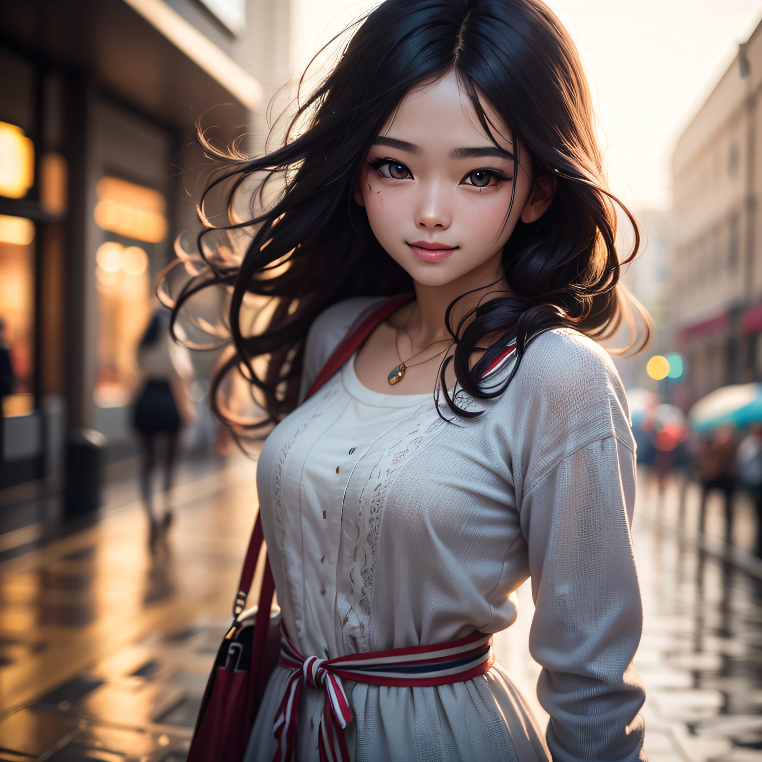 (8K, Best Quality, Masterpiece: 1.2), (Realistic, Realistic: 1.37), Super Detailed, Best Quality, Ultra High Resolution, Professional Lighting, Photon Mapping, Teleportion, Physically Based Rendering, Film Lighting, Pedestrian Street, Rainy Depth of Field, Clear Focus, Sunlight, Good Composition, (Bokeh: 1.2) 1girl, Solo, (Close Up View), Beautiful Detailed Eyes, Smiley Face, Pose, Narrow Waist, Mid-Chest, (Random colorful clothes ), black hair, messy hair, long hair fluttering in the wind, (ulzzang-6500:1.2) --auto