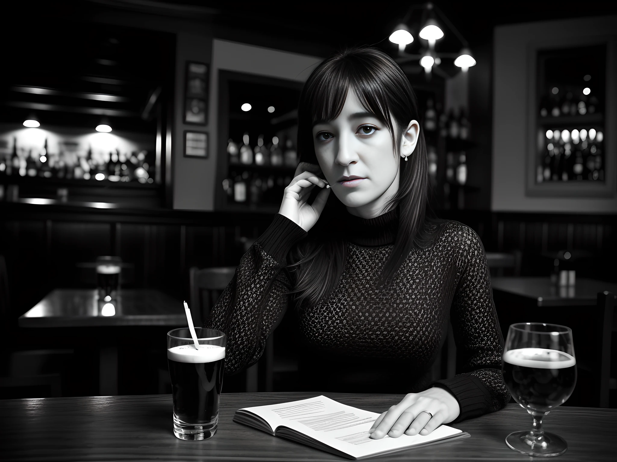 B/W MONOCHROME IMAGE: 01 WOMAN, 35 YEARS OLD SITTING AT A PUB TABLE | 35 year old woman: French, similar to Charlotte Gainsbourg, long black hair, casual outfit, introspective, pensive, B/W MONOCHROME IMAGE: 01 35 YEAR OLD WOMAN SITTING AT PUB TABLE | Female, 35 years old: French, similar to Charlotte Gainsbourg, long black hair, casual outfit, introspective, pensive, bright eyes, frown marks on face, lonely | Table: cigarettes (smoke), ashtray, cigarette smoke, glass of whiskey | Pub: English Style, Whiskey Club | (monochrome) (black and white) (deep black) (true white) (best shadows) (cinematic lighting) (analog) (high detail) (high contrast) (medium noise) (medium sharpness) (sharp focus) | POV: closeup on woman, focus on her eyes, bright eyes | Table: cigarettes, ashtray, smoke, glass of whiskey | Pub: English Style, Whiskey Club | (monochrome) (black and white) (deep black) (high texture) (true white) (best shadows) (cinematic lighting) (analog) (high detail) (high contrast) (medium noise) (medium sharpness) (sharp focus ) | P.O.V: closeup on the woman, focus on her eyes